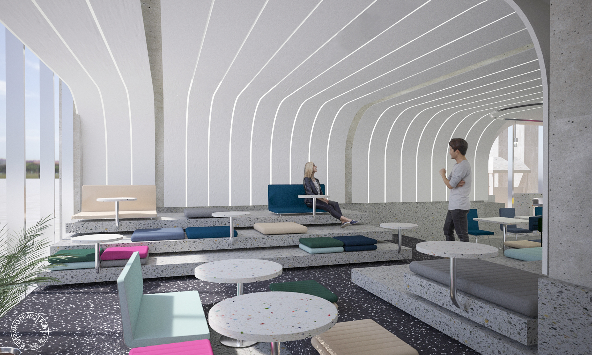 green option, ramoprimo, bar, restaurant area, metal ceiling, terrazzo, table, benches, platform, interior design,