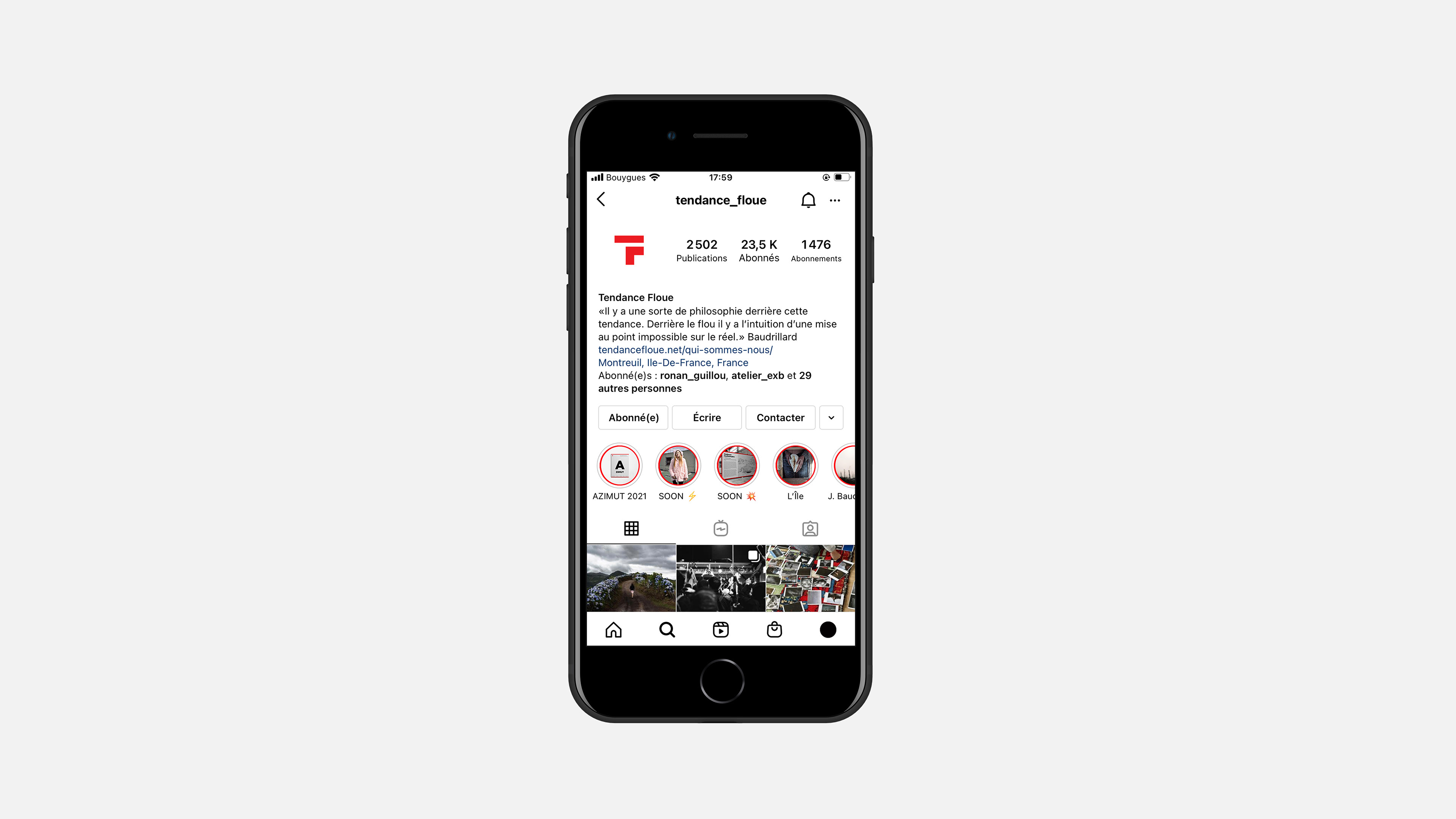 Smartphone showing Tendance Floue's Instagram account