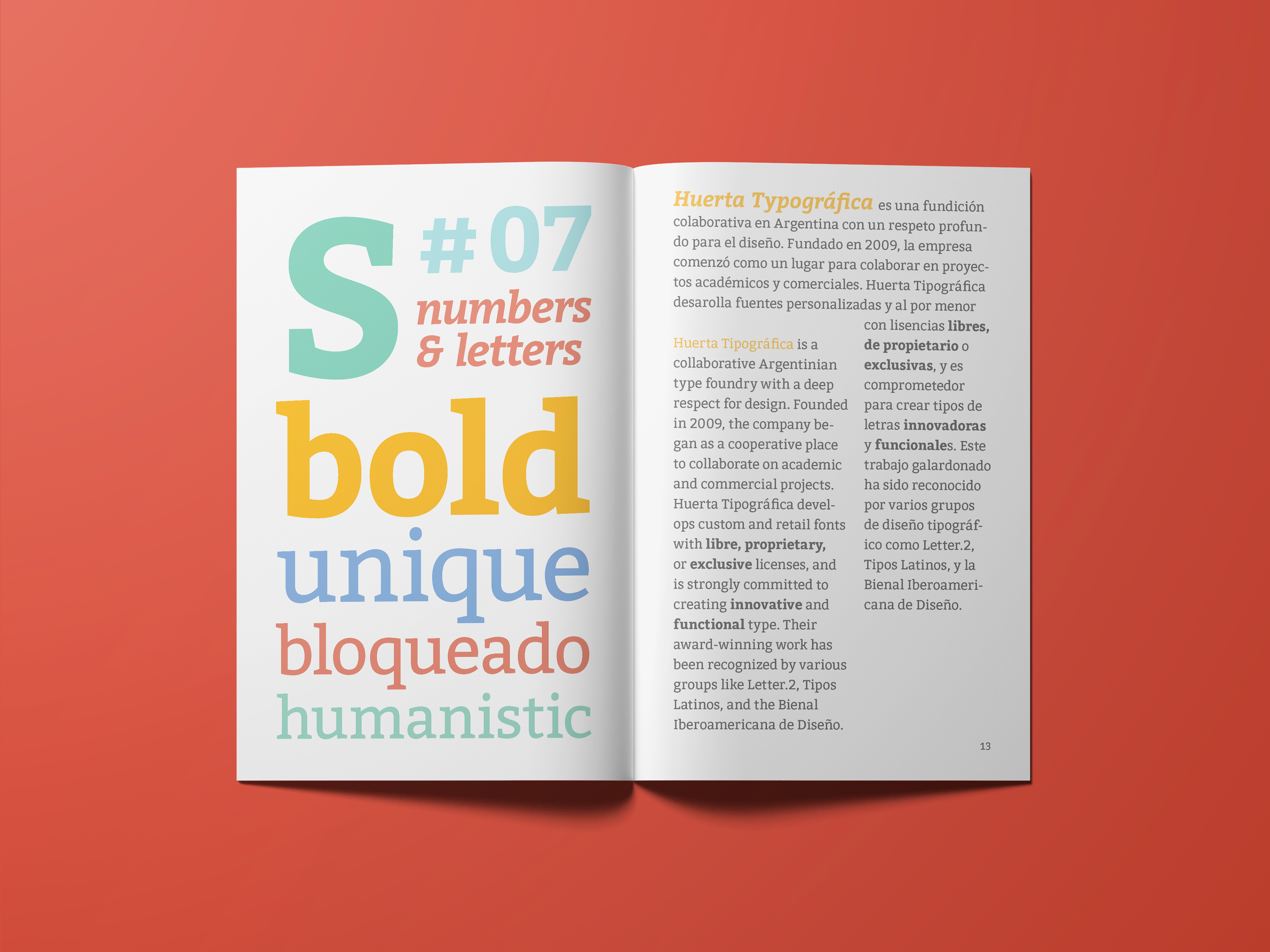 Spread of different font styles (left) and foundry information (right)