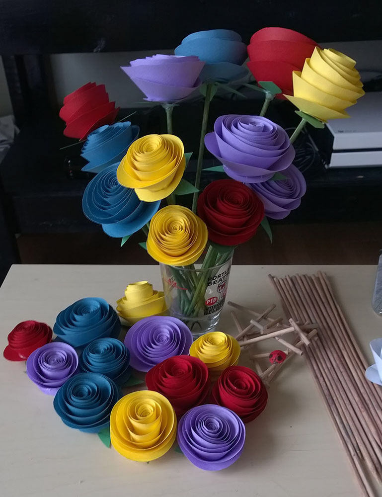 Paper Flowers : All hand props made from paper or made to look like found objects from the woods (pine cones, eggs, sticks, etc.)