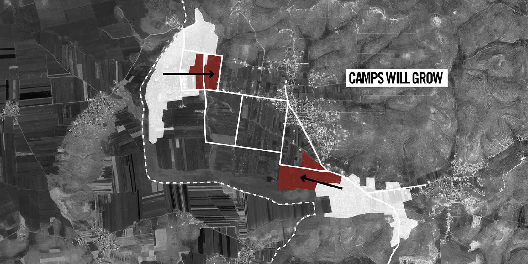 Refugee camps growing along the borders into full grown linear cities. Expending into a wall of hope. Shown as a line of light along the border on the night map.