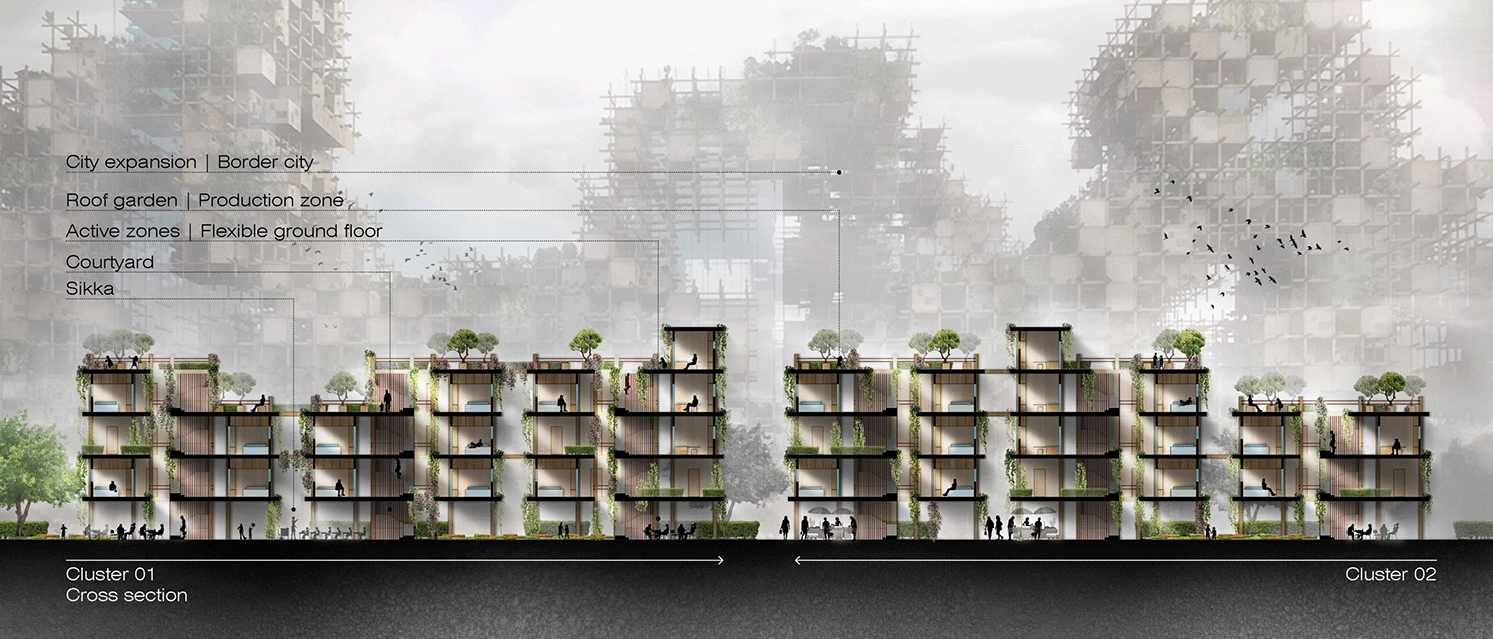 Sustainability section of building units - Shelter on the edge from camps to cities 'Case Syria' design by Design and More International and Eggink Designs. Green futuristic post-apocalyptic architecture.