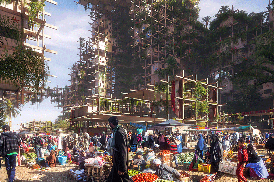 Visual by Mozses of Shelter on the edge from camps to cities 'Case Syria' design by Design and More International showing community market with futuristic wooden architecture.