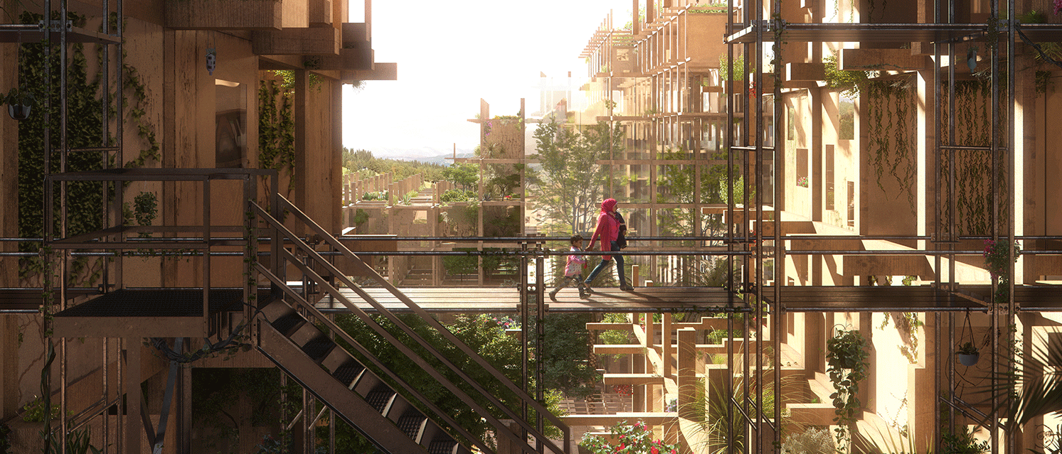 Visual by Mozses of Shelter on the edge from camps to cities 'Case Syria' design by Design and More International showing community market with futuristic wooden architecture.