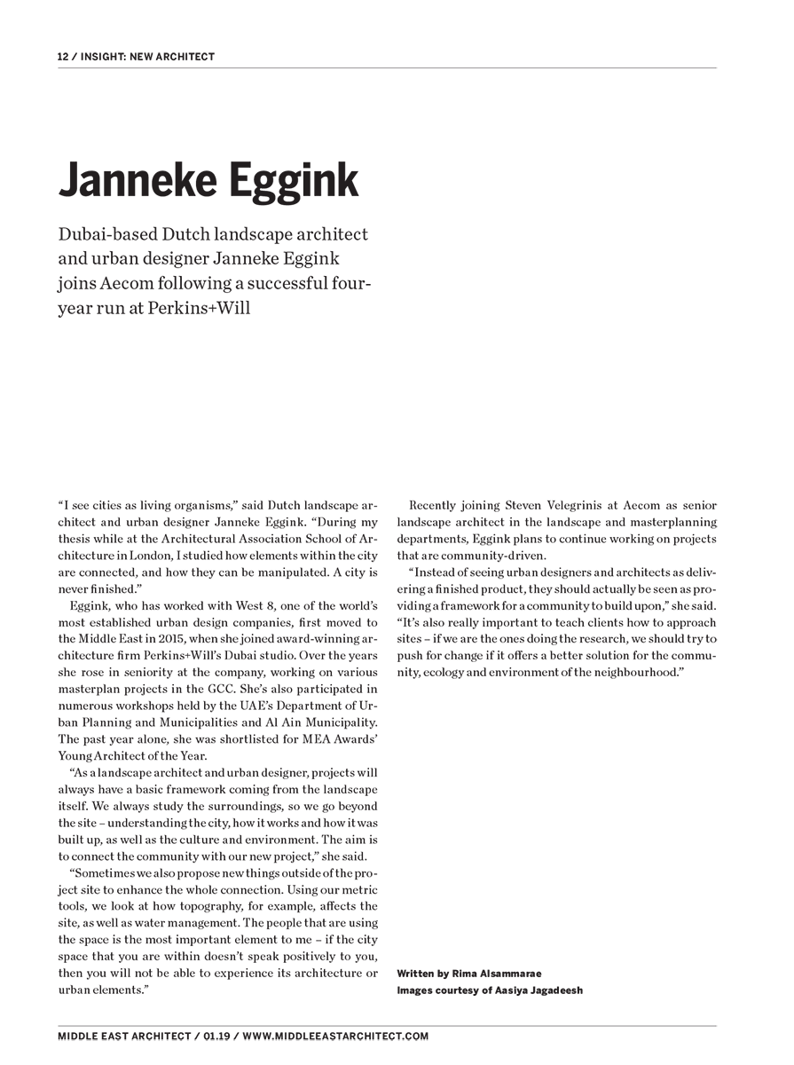Middle East Architect magazine volume 13 Power list 2019 introducing Janneke Eggink. Dubai-based Dutch landscape architect and urban designer.