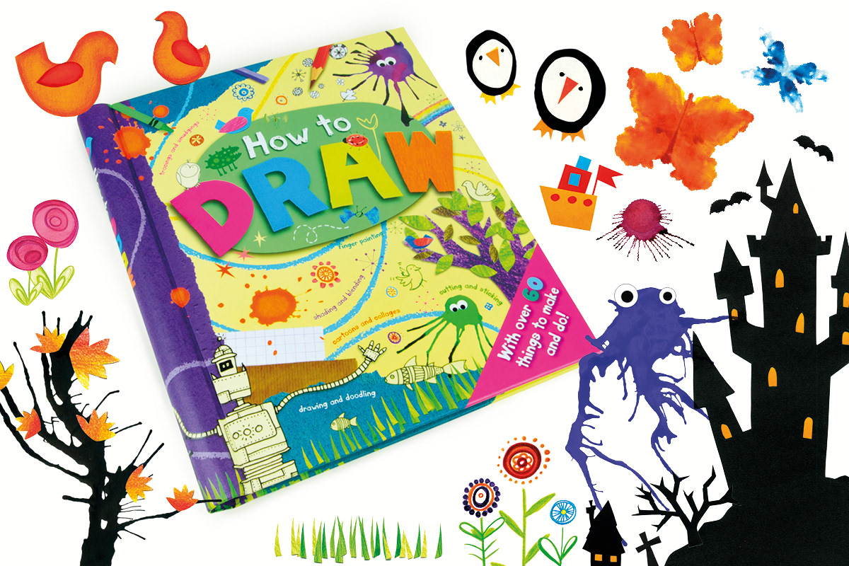 Childrens craft book illustrations by illustrator Fiona Gowen. Featuring ink splat monsters, Penguins. castle and birds