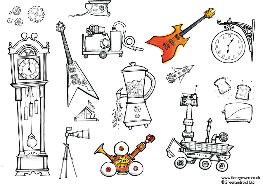 A selection of illustrations from Childrens art books How to Draw Machines illustrated by Fiona Gowen. Featured illustrations include clocks, robots, spaceships, appliances and tools
