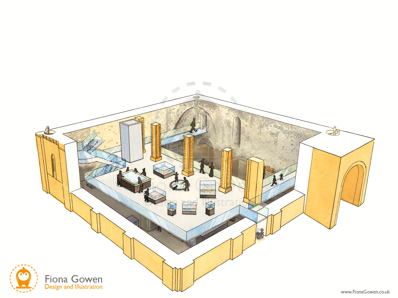 An artist's impression cut-through illustration showing the first floor of the proposed Norwich Castle Keep redevelopment project. Showing visitors looking at displays.