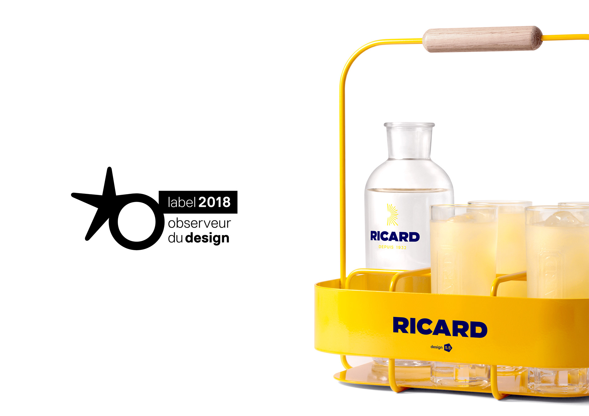 Depuis 1932, Ricard a collaboré avec de nombreux designers qui se sont emparés des codes, formes et couleurs de la marque pour réinventer ses objets de service. Brocs, verres, carafes, signés de la main d’artistes, étaient ainsi présents à la table des Français à l’apéritif, dans les bars et les cafés. Cet été, la marque poursuit ce mouvement et fait appel au studio de design 5.5 pour imaginer un nouvel objet, à la fois contemporain et empreint d’authenticité.