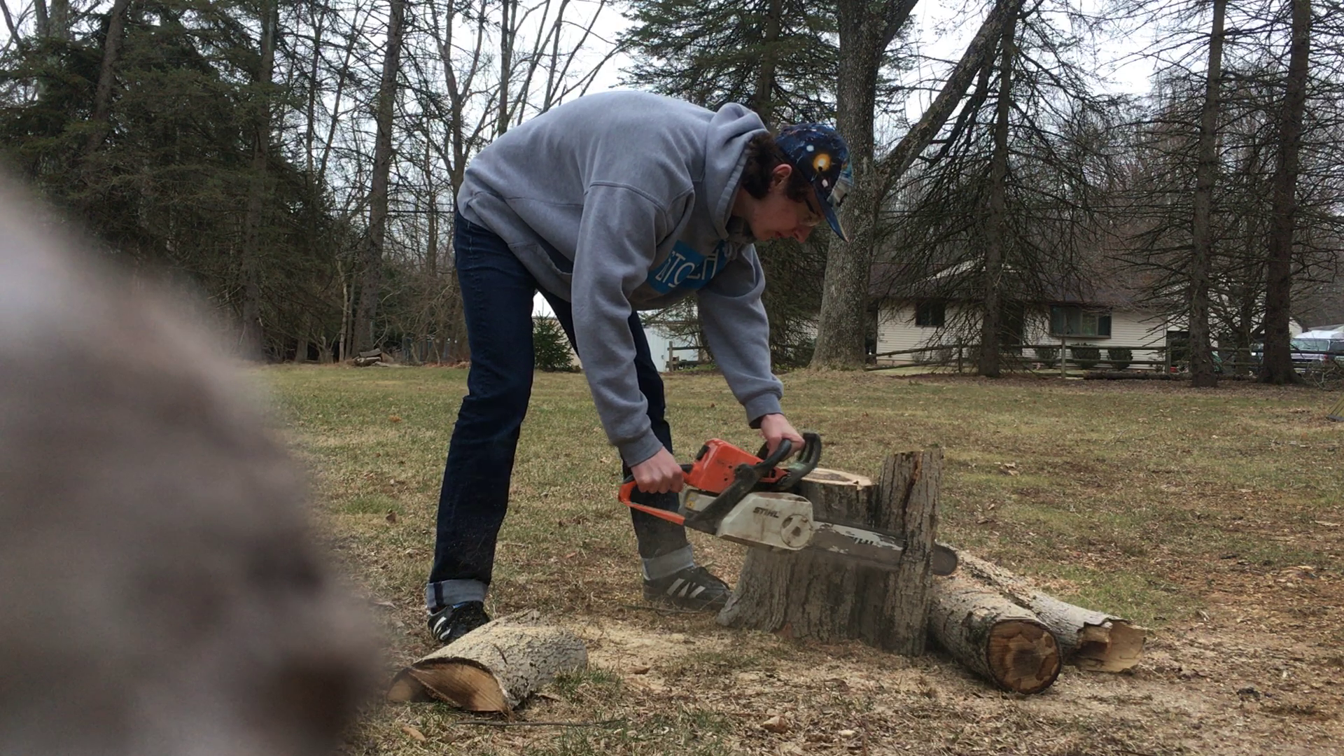 Rough cutting the ash log