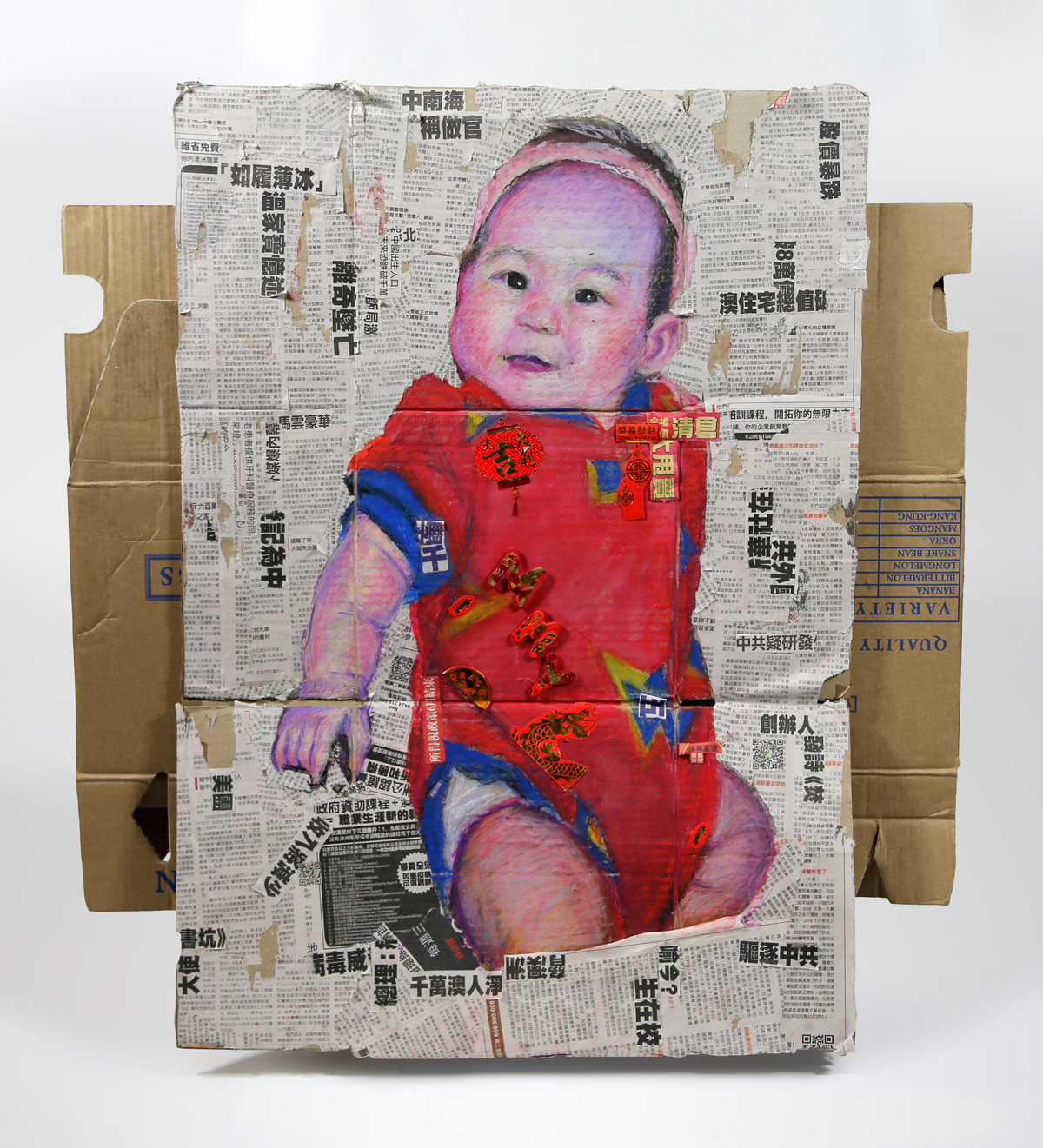 “Mooncake” Newspaper, Oil pastel, and Wood on Cardboard 79 x 84 x 12 cm 2021