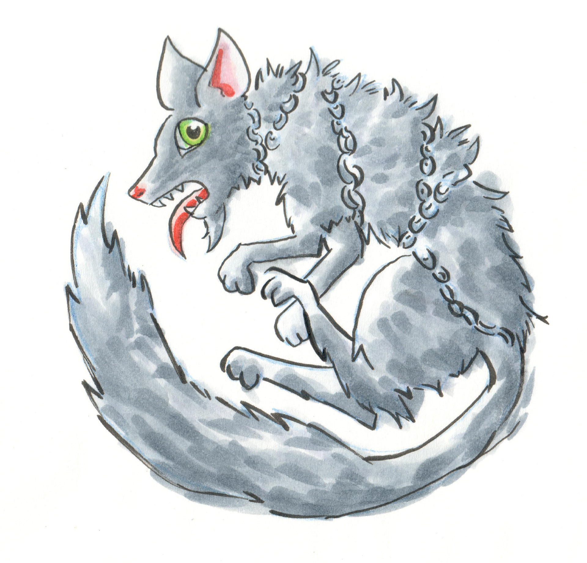 Cartoony, marker sketch of a baby Fenrir bound by chains.