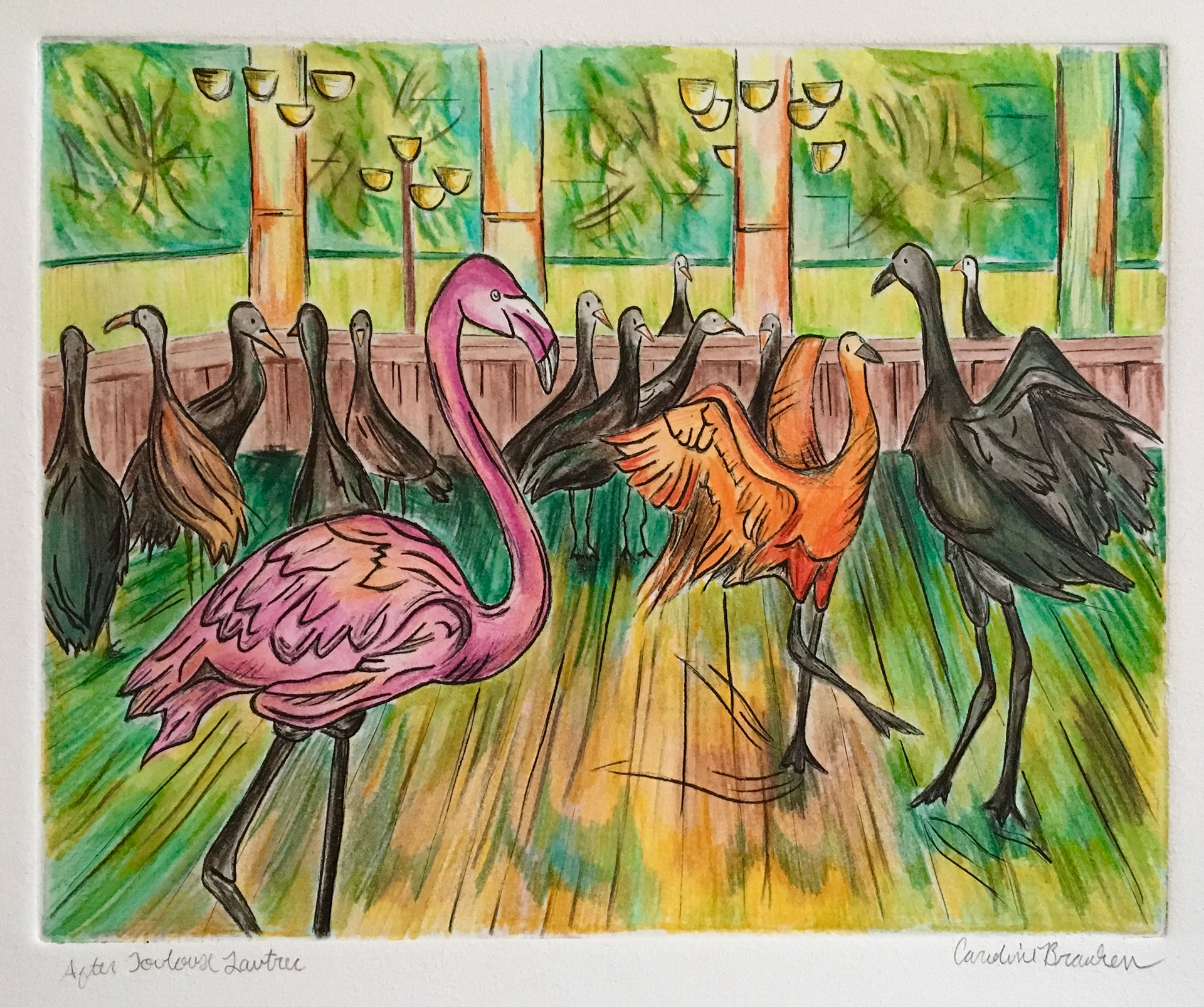 Dance at the Moulin Plume, 2017, Copper Plate Etching & Watercolor Pencil