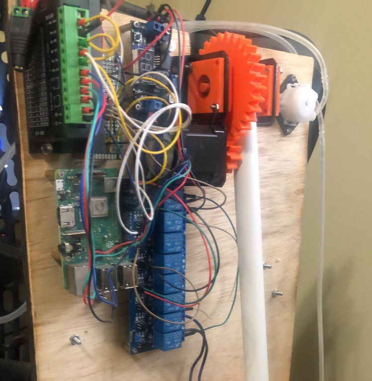 Chair mounted system which includes a peristatic pump, relay board, DC motor, Valve with actuator, and Raspberry PI to communicate via a socket server.