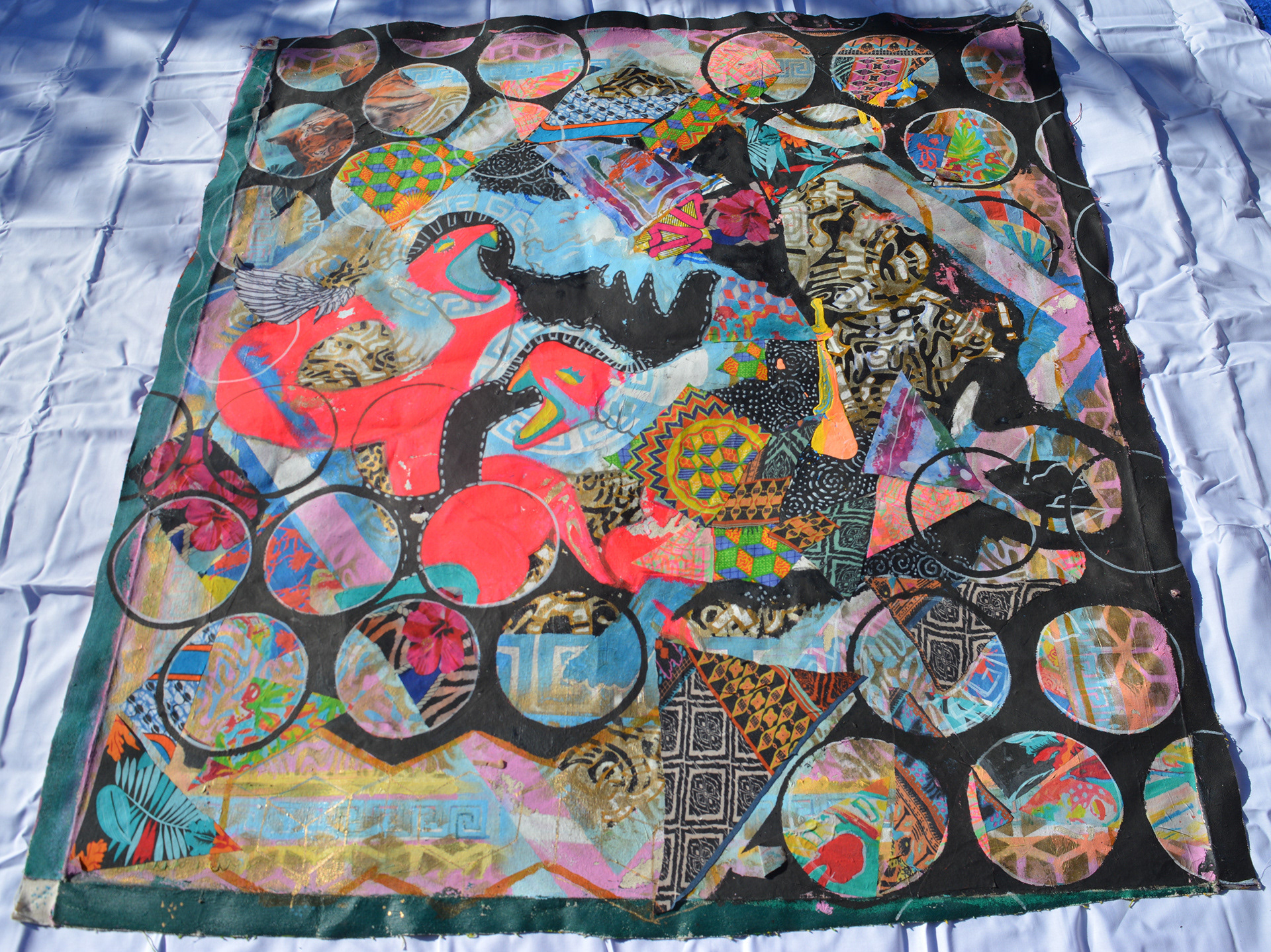 The Oracle's Robes - 2020 - 5x6' - oil, acrylic, paint pen, spray paint, and fabric on canvas