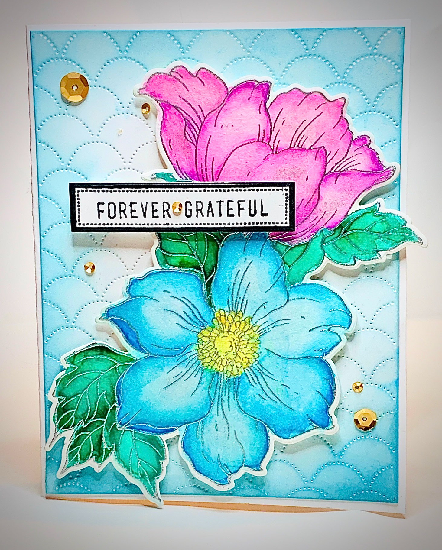 Watercolor Statement Flower with inked based edges with texture from Die cuts.
