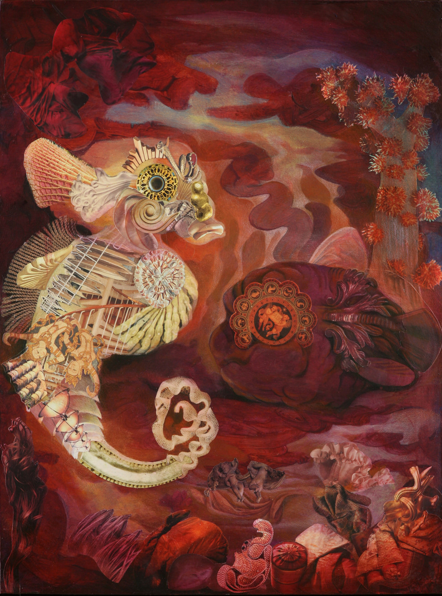 davidmball “Seahorse”, 18”x24”, collage, acrylic, colored pencil on wood panel, #davidmball #available #purchase, Message me at ball.david@sbcglobal.net.