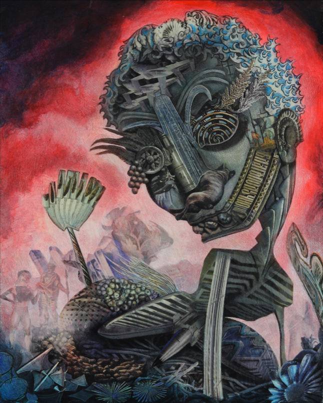 davidmball “Hobbled”, 18”x24”, collage, acrylic, colored pencil on wood panel, #davidmball #available #purchase, Message me at ball.david@sbcglobal.net.