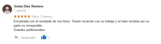 Comentario de reportaje fotográfico, comenta encantada con el resultado de mis fotos, vocación y trato recibido por su parte inmejorable. Grandes profesionales. Da 5 estrellas.