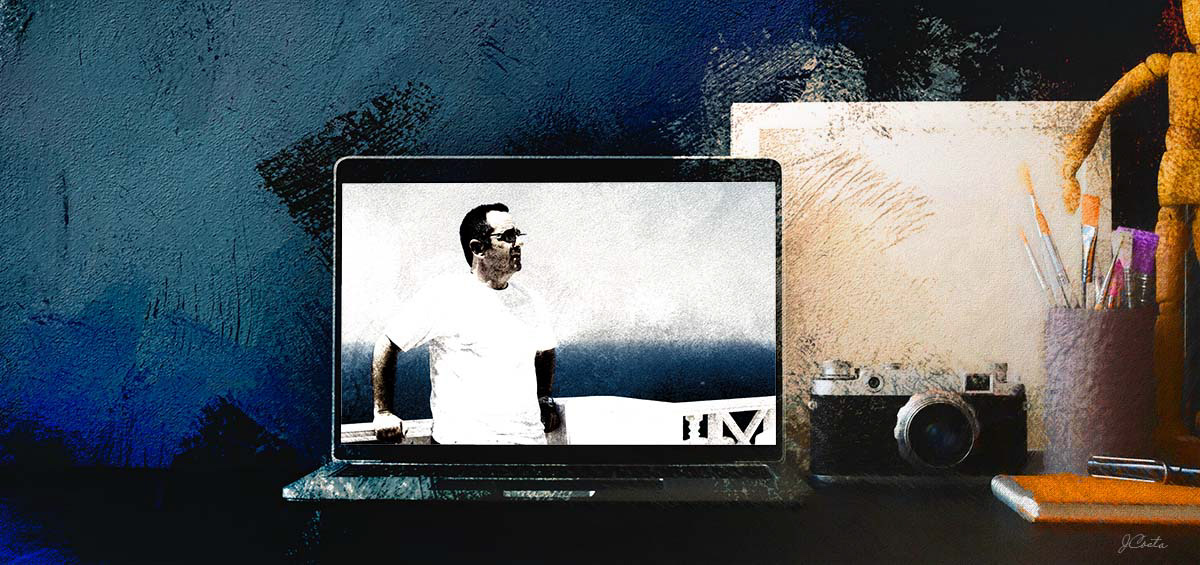 painting style image with a desk with a laptop, a photo camera, brushes, etc