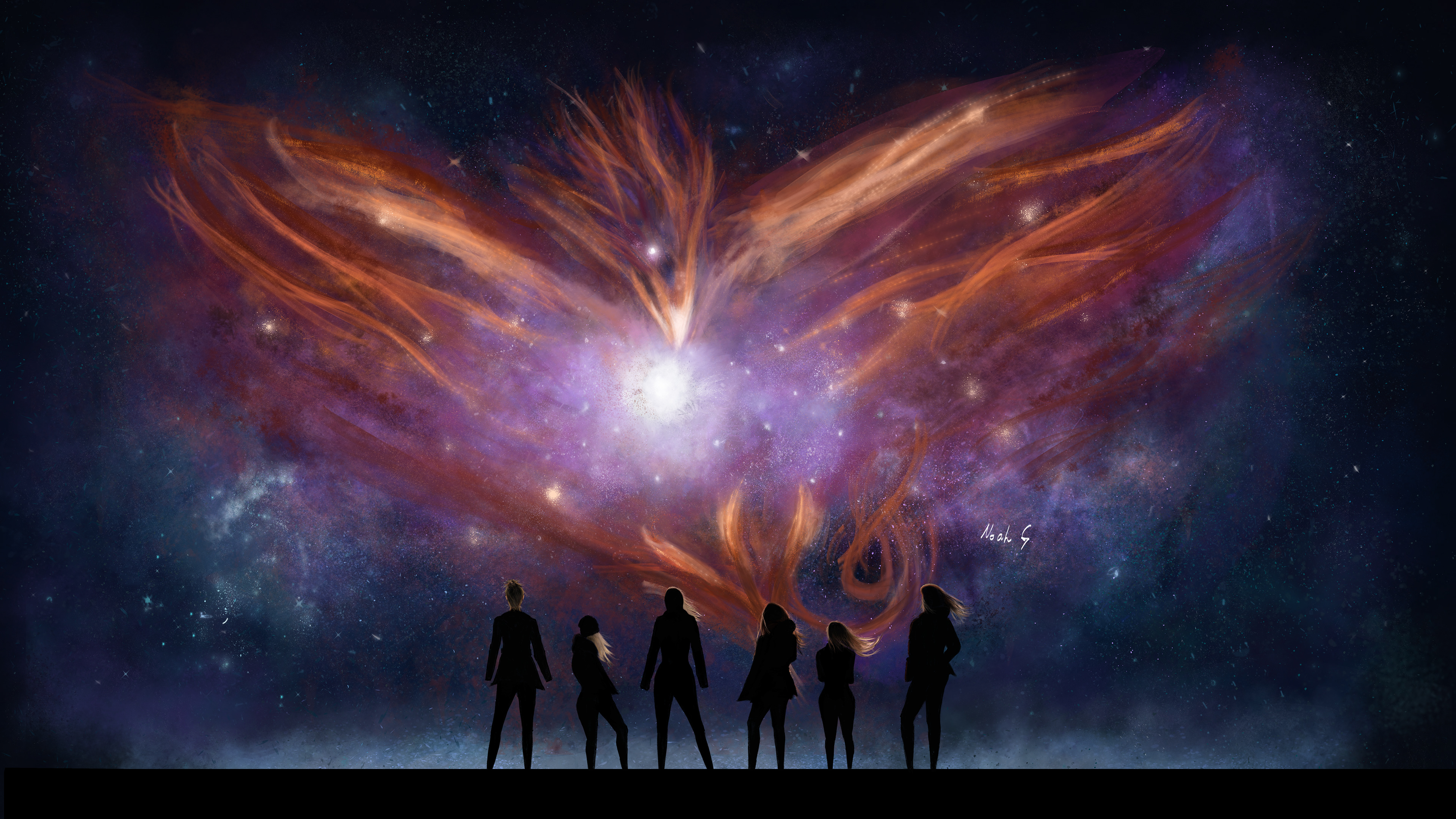 "Merging Phoenix/theGirls" I was having a lot of fun in the last project with galaxy/stars that I wanted to do something similar, this time not for a client nor commission just my own concept art. Inspired by Jean Gray/the Phoenix Force comics from X-Men. I did not know the best title for this as you can see a lot of (hopefully) fundamentally good things from the scene, colors, the girls, and the phoenix. I wanted the focus to be more on those two subjects.
