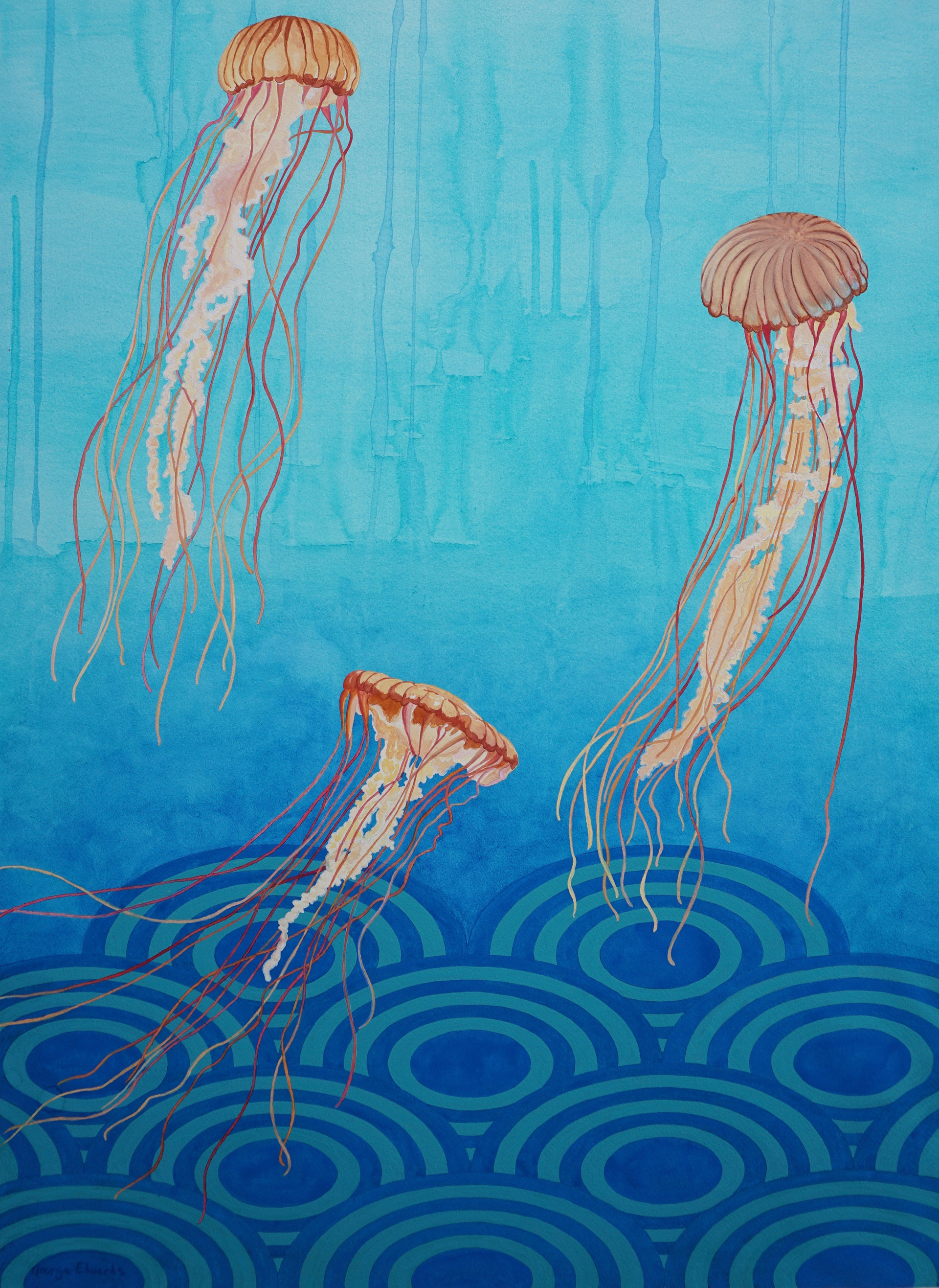 Jellyfish painting, Jellyfish watercolor, turquoise ocean with 3 jellyfish, Georgia Edwards Art, Soul Sound Creative, Vancouver Island Artist, Geometric ocean art, ocean art, beach house decor
