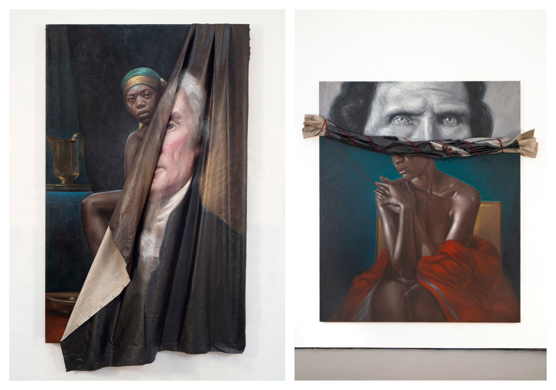 These two paintings are featured in “Unforseen,” Titus Kaphar’s exhibition currently on view at the Smithsonian’s National Portrait Gallery in Washington, D.C. From left: TITUS KAPHAR, “Behind the Myth of Benevolence,” 2014 (oil on canvas). | Collection of Guillermo Nicolas and Jim Foster, © Titus Kaphar. Courtesy of the artist and Jack Shainman Gallery, New York; and TITUS KAPHAR, “Drawing the Blinds,” 2014 (oil on canvas). | Collection of Dr. Charles M. Boyd, © Titus Kaphar. Courtesy of the artist and Jack Shainman Gallery, New York