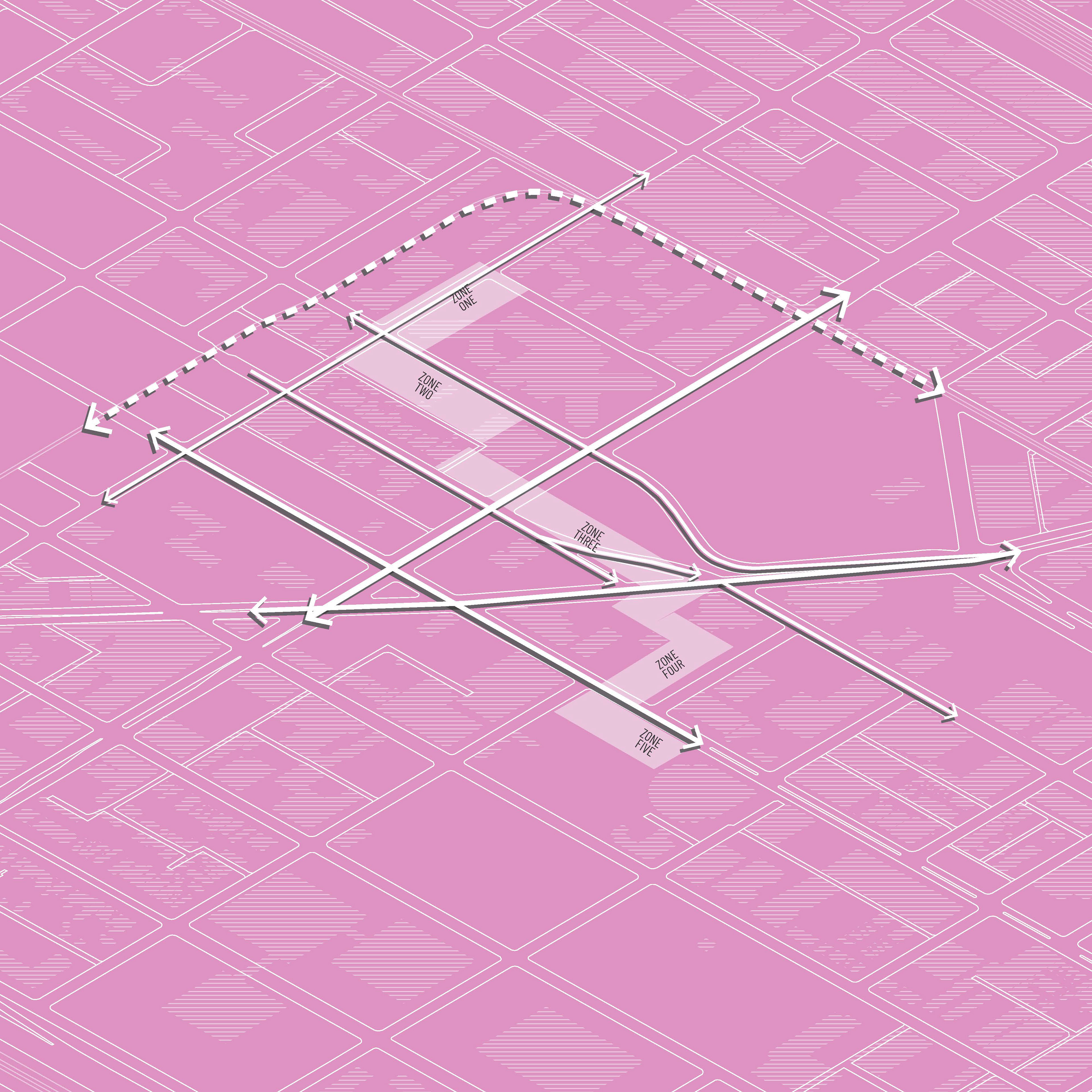Boundaries follow urban transportation infrastructure as major transportation routes cut through the site.