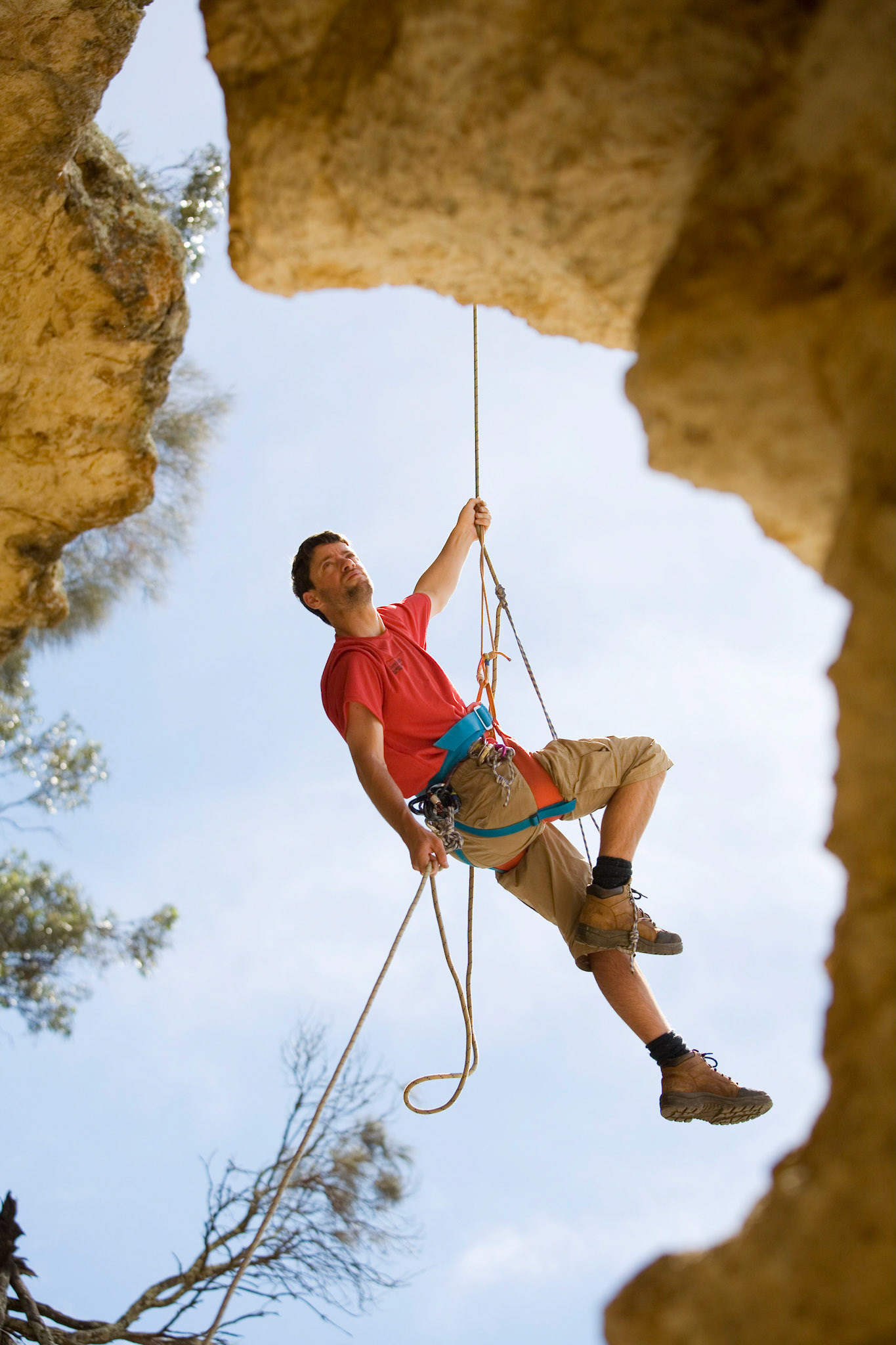 Tim Devereux an outdoor activities instructor and guide, rockclimbing near Hobart 2007