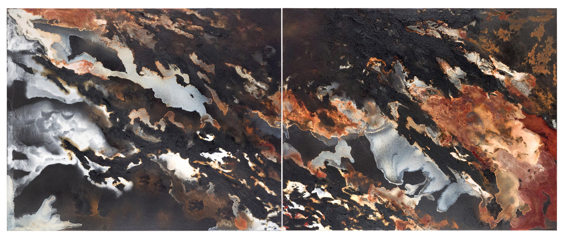 Buffalo Head Hills 2 - 320 x 130cm (diptych, 160 x 130cm each) - 2018 - emulsion paint, bitumen, plaster of Paris, iron, iron oxide, acid and synthetic resin on canvas