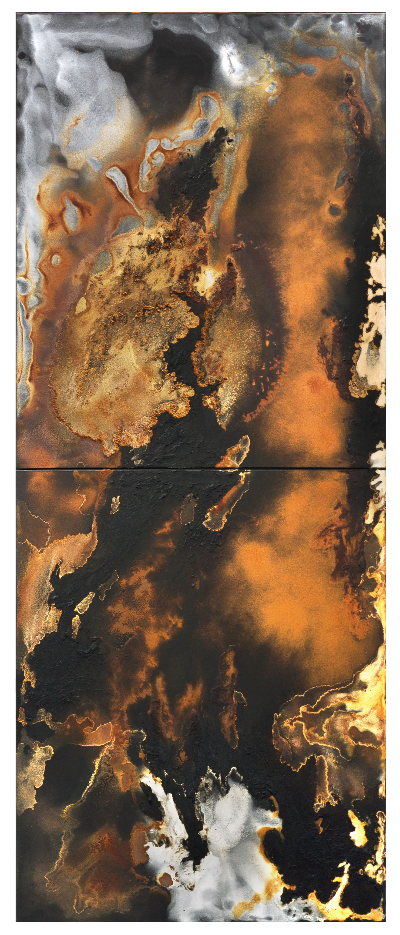 Buffalo Head Hills 4 - 270 x 110cm (diptych, 135 x 110cm each) - 2018 - emulsion paint, bitumen, plaster of paris, iron, iron oxide, acid and synthetic resin on canvas