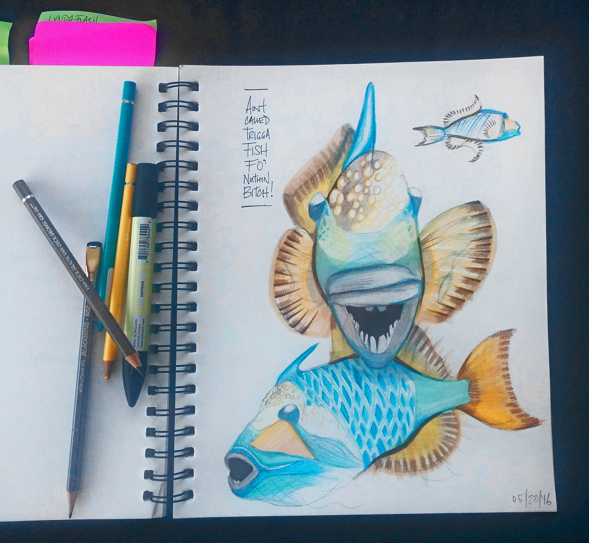 Ain't called trigga fish fo' nothin', bitch!, colour pencil and marker on paper, 8.25" x 11", C$300