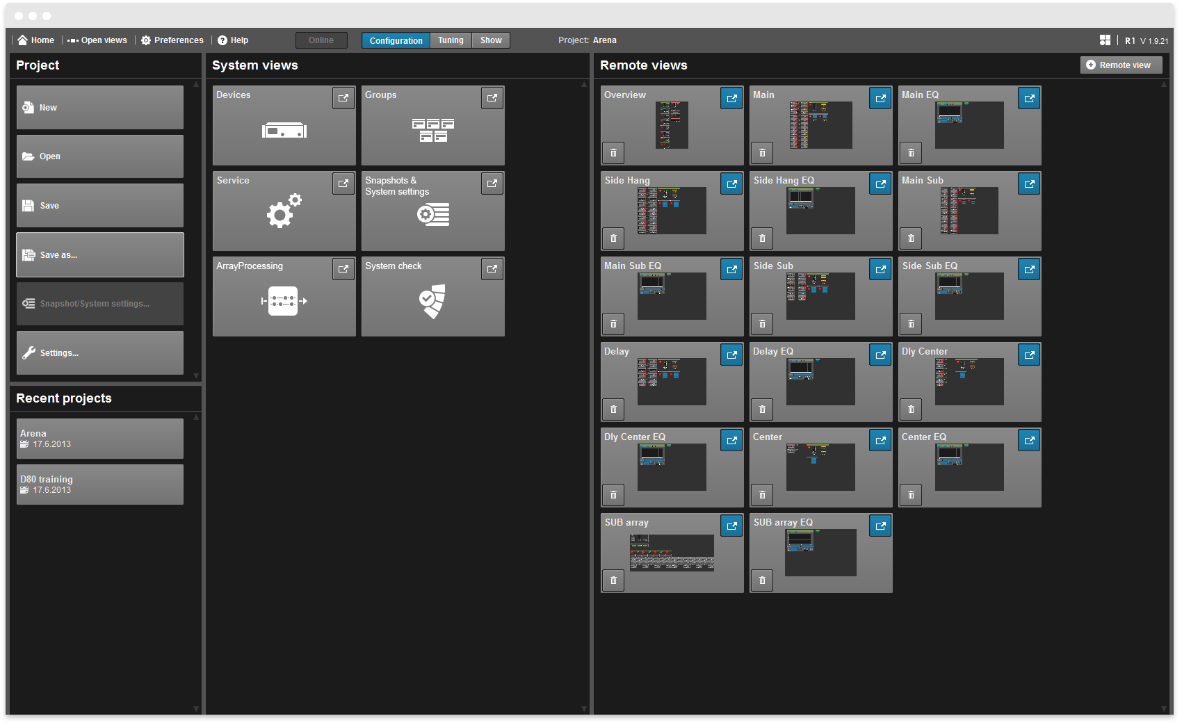R1 Software Home Screen mit Zugriff auf Projects, System und Remote views