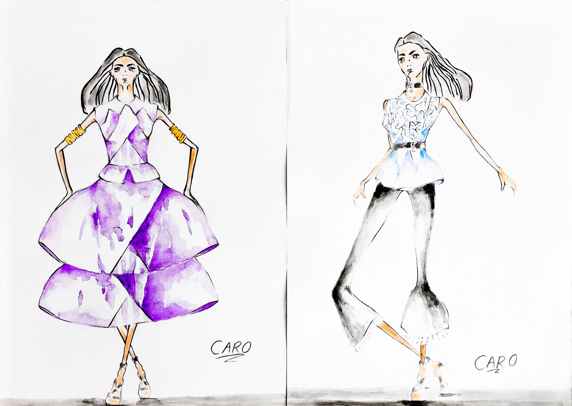 Fashion Cartoons (First Set), water-based coloured pencils and ballpoint pen on card paper, 11.69 x 8.27 inches each, 2016
