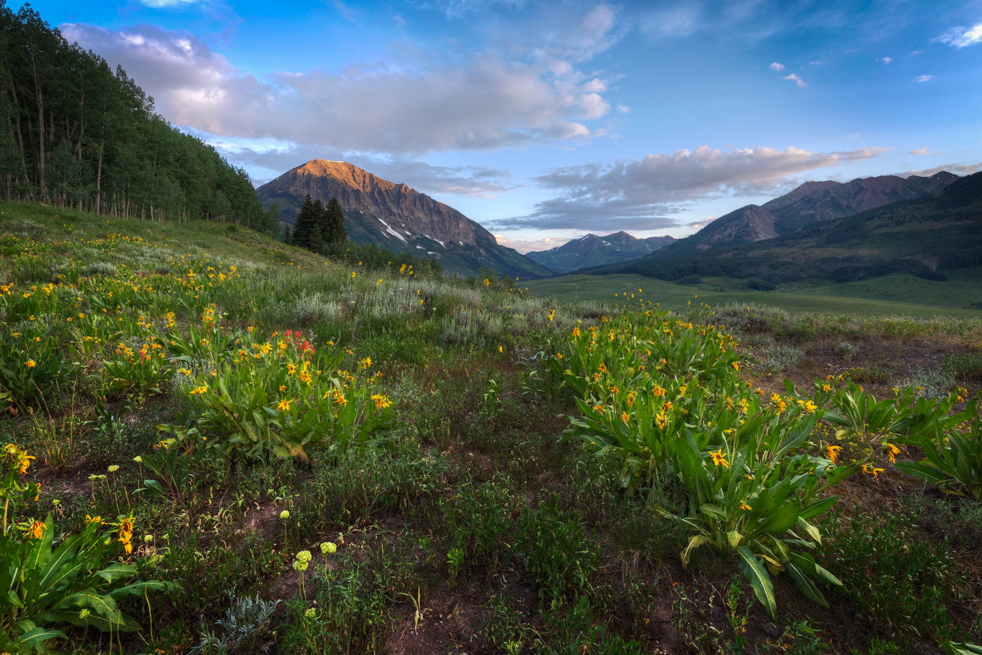 First light on Gothic Mountain, near Crested Butte, Colorado.  Gunnison National Forest.Crested Butte, ColoradoJuly 11, 2017This is an HDR image consisting of 3 exposures merged in Photomatix Pro. Additional processing in Lightroom and Photoshop.PENTAX K-1, HD PENTAX-D FA 15-30mm F2.8ED SDM WRISO 100 18 mm  ¹⁄₁₀ sec at ƒ / 16