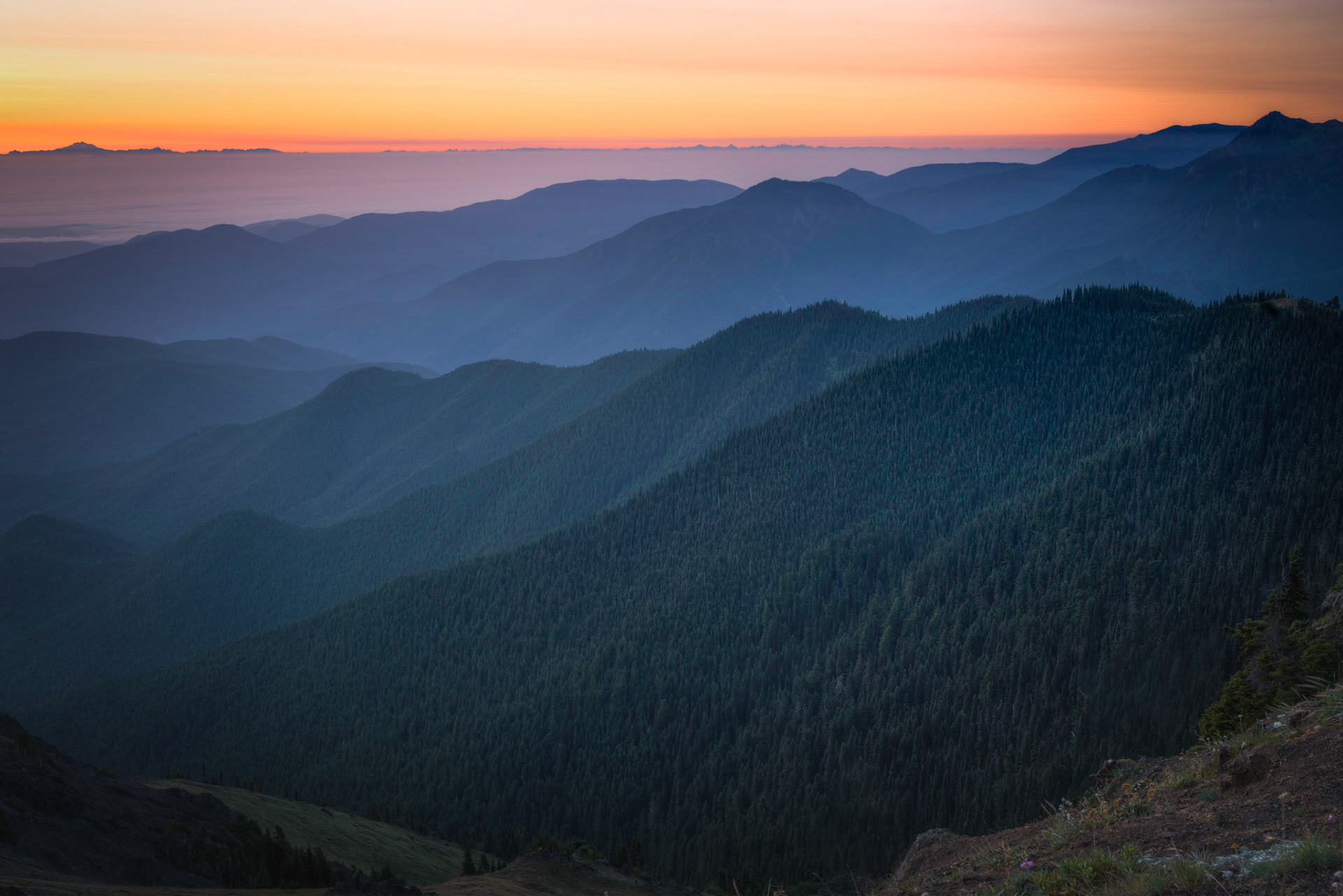Pre-sunrise from Blue Mountain.Olympic National ParkWashingtonAugust 1, 2016This is an HDR image consisting of 5 exposures merged in Photomatix Pro. Additional processing in Lightroom and Photoshop.PENTAX K-1, TAMRON 28-300mm F3.5-6.3 Ultra zoom XRISO 100 39 mm  0.6 sec at ƒ / 11