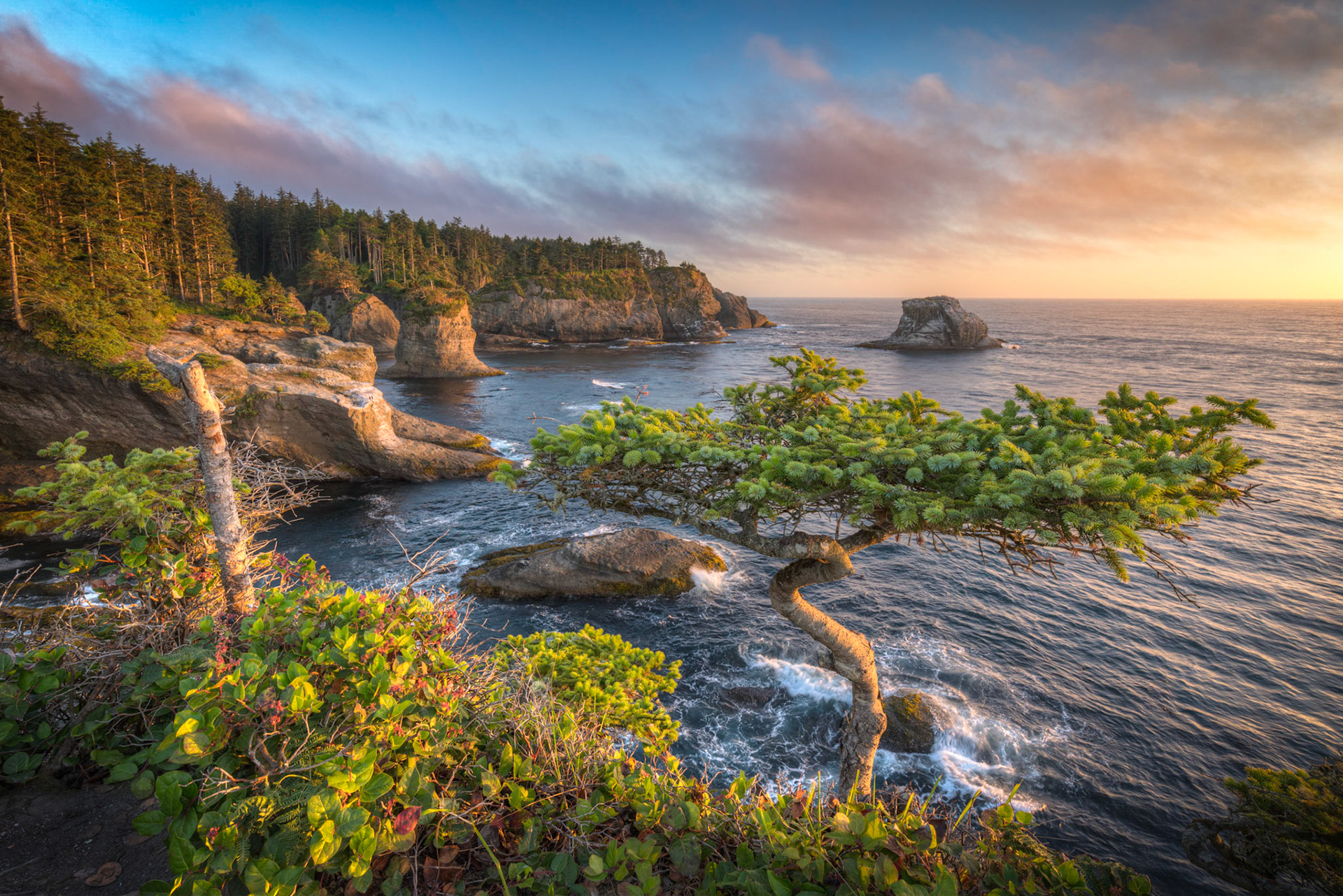 Sunset at Cape Flattery, Washington.Cape FlatteryWashingtonJuly 28, 2016This is an HDR image consisting of 5 exposures merged in Photomatix Pro. Additional processing in Lightroom and Photoshop.PENTAX K-1, HD PENTAX-D FA 15-30mm F2.8ED SDM WRISO 100 15 mm  ⅙ sec at ƒ / 14