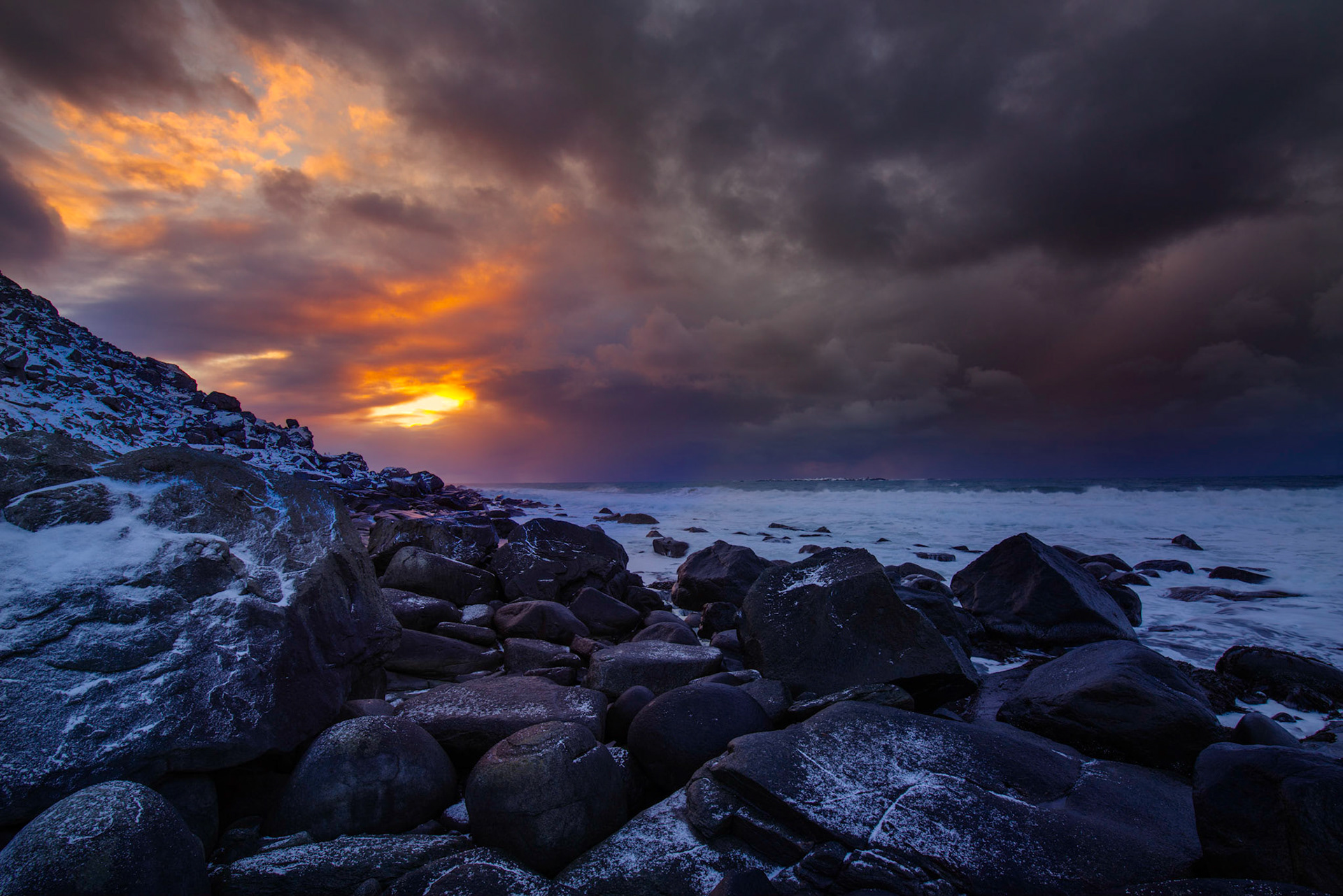 Sunset at Utakleiv Beach, between bouts of snow squalls.Utakleiv, Nordland, NorwayMarch 19, 2018This is an HDR image consisting of 2 exposures blended in Photoshop. Additional processing in Lightroom and Photoshop.PENTAX K-1, HD PENTAX-D FA 15-30mm F2.8ED SDM WRISO 100 15 mm  ⅙ sec at ƒ / 16