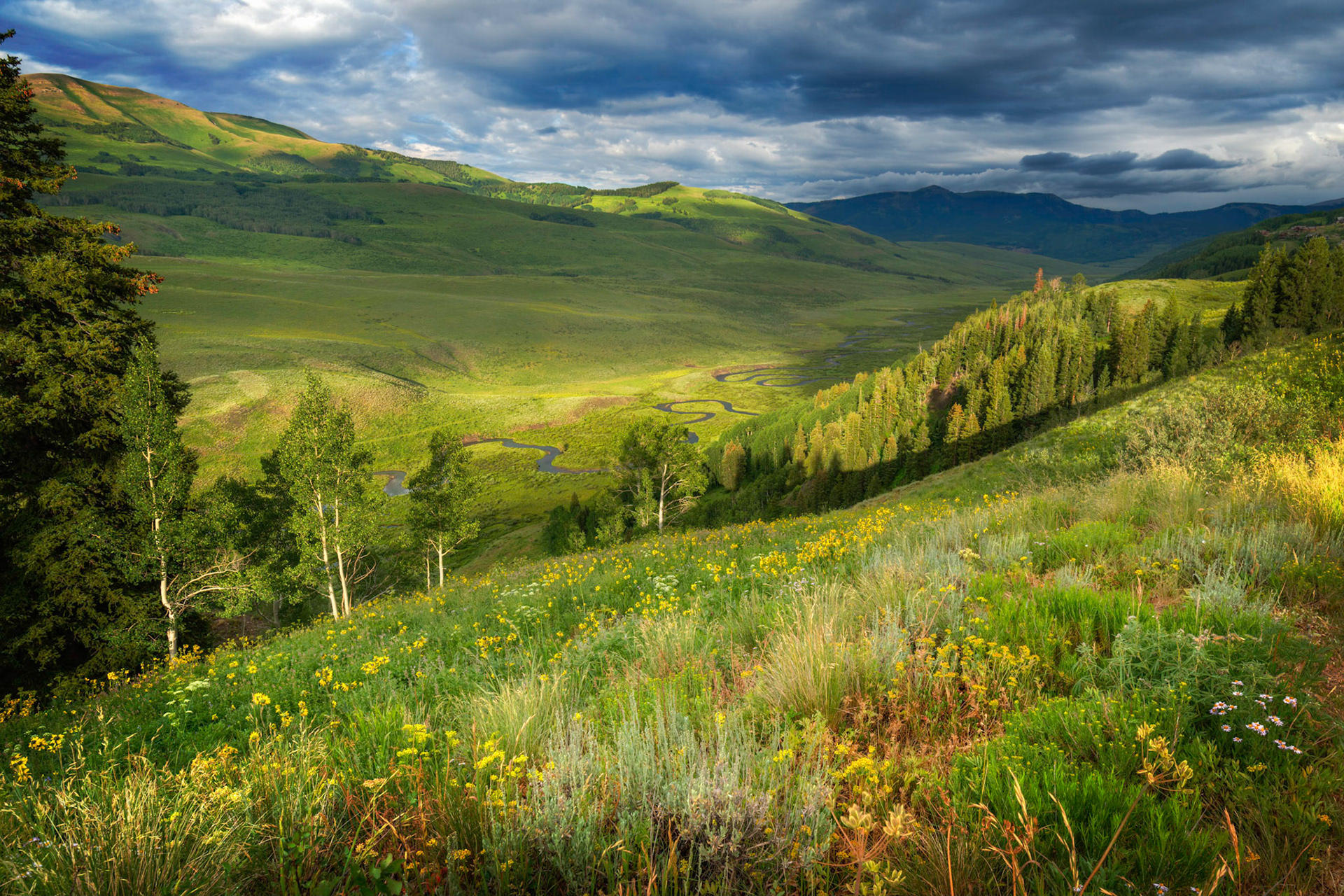 The East River winding through the valley.Crested Butte, ColoradoJuly 13, 2017This is an HDR image consisting of 3 exposures merged in Photomatix Pro. Additional processing in Lightroom and Photoshop.PENTAX K-1, HD PENTAX-D FA 15-30mm F2.8ED SDM WRISO 100 18 mm  ¹⁄₆₀ sec at ƒ / 16