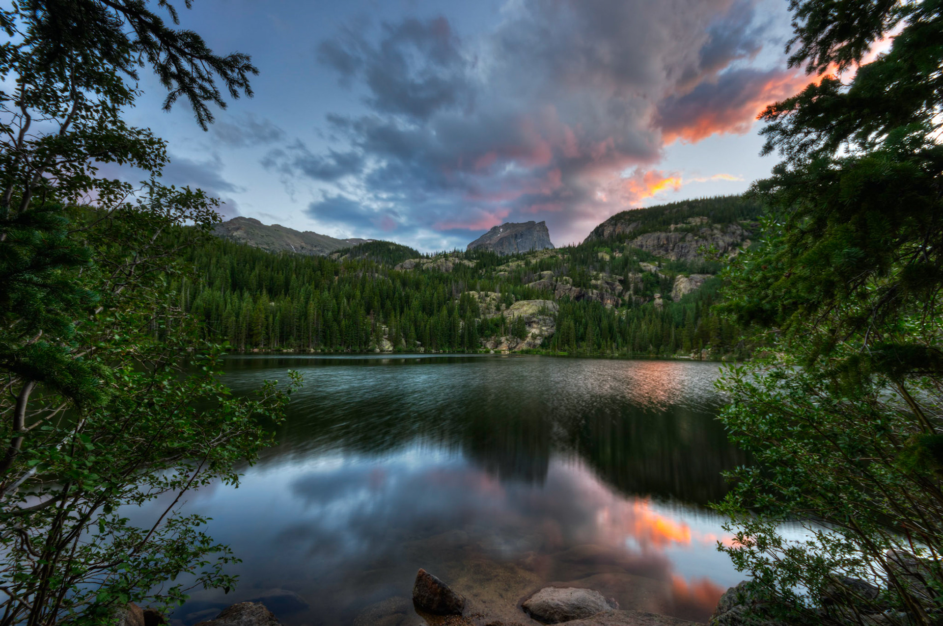 Sunset over Hallett Peak and Flattop Mounain, from the east shore of Bear Lake.An HDR composite from 5 bracketed exposures merged in Photomatix Pro.  Additional processing in Lightroom and Photoshop.Rocky Mountain National Park6 August 2014This is an HDR image consisting of 5 exposures merged in Photomatix Pro. Additional processing in Lightroom and Photoshop.PENTAX K-3, Sigma 10-20mm f/4-5.6 EX DCISO 100 11 mm  1.6 sec at ƒ / 11Prints of my work are available from my website at http://www.fingolfinphoto.comFollow me on Facebook at http://www.facebook.com/fingolfinphoto or http://www.facebook.com/pesterleAlso, http://500px.com/pesterle   http://www.flickr.com/photos/fingolfinphoto