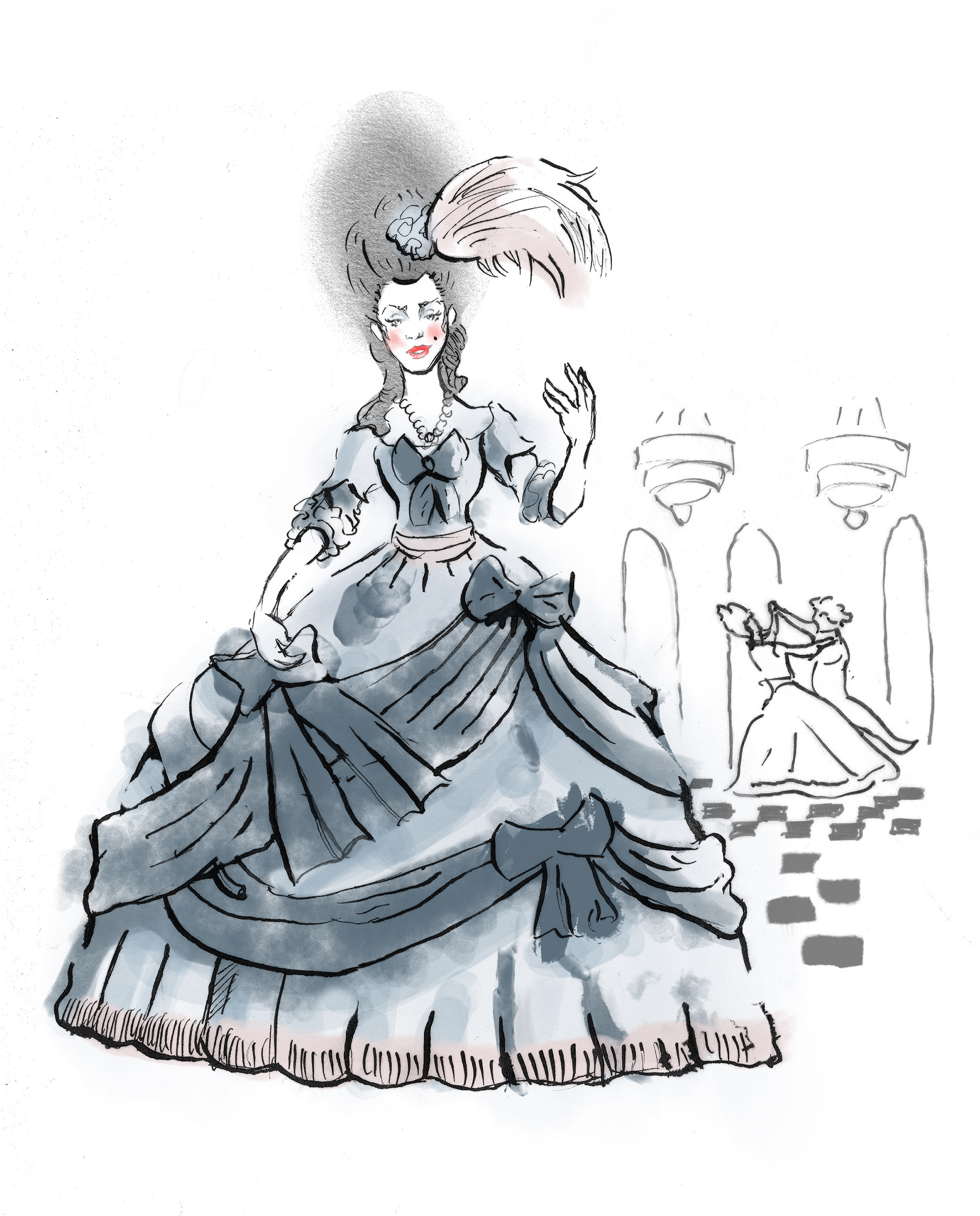 Fashion illustration of Marie Antionette's style