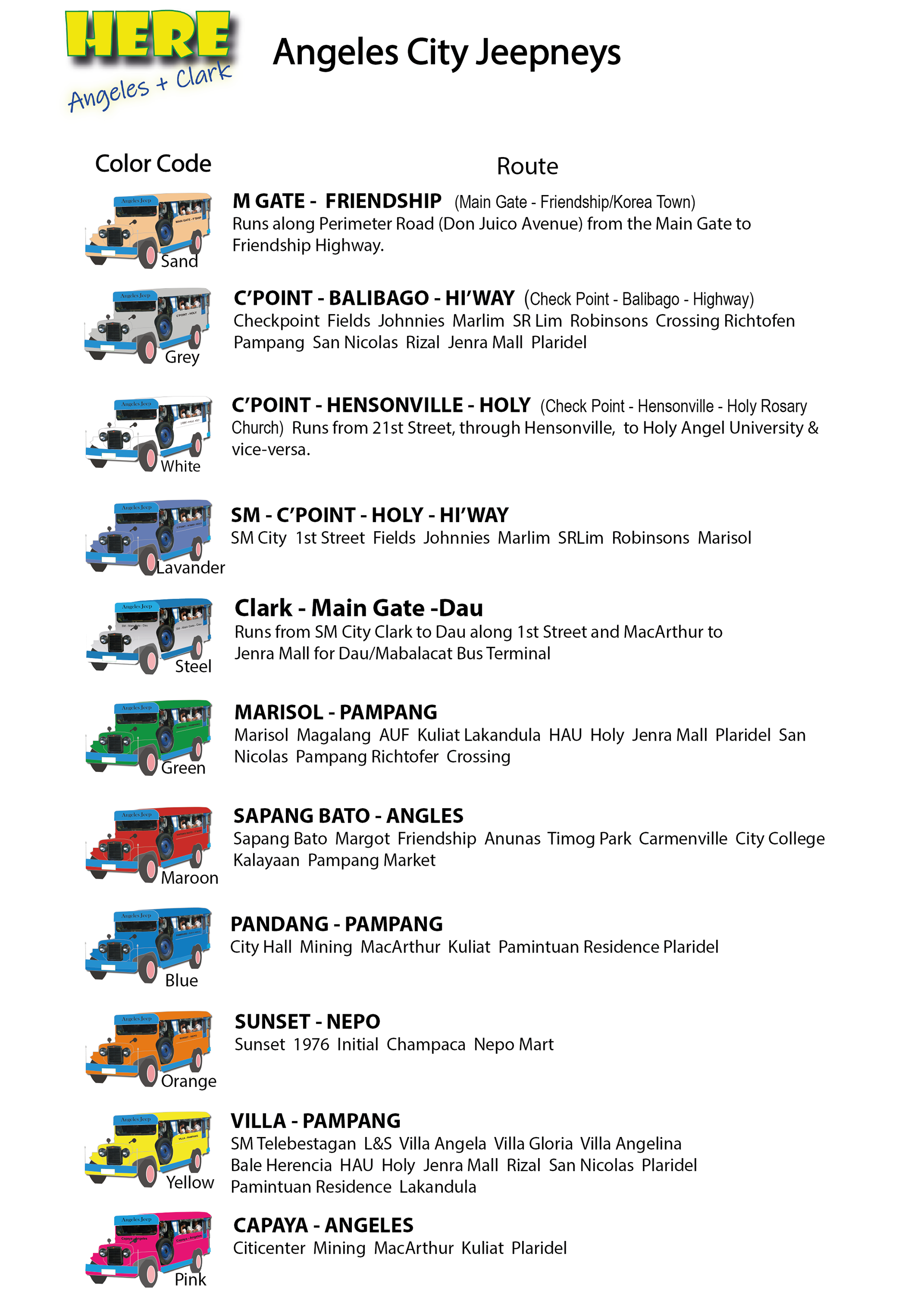 Angeles City Jeepney Colour Codes