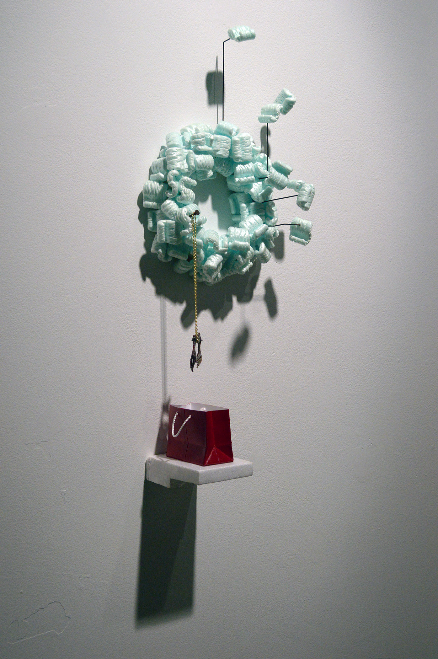 Familiar Spirit: Sky - paper, paint, steel, XPS, packaging peanuts, dove's feet, faux gold chain
