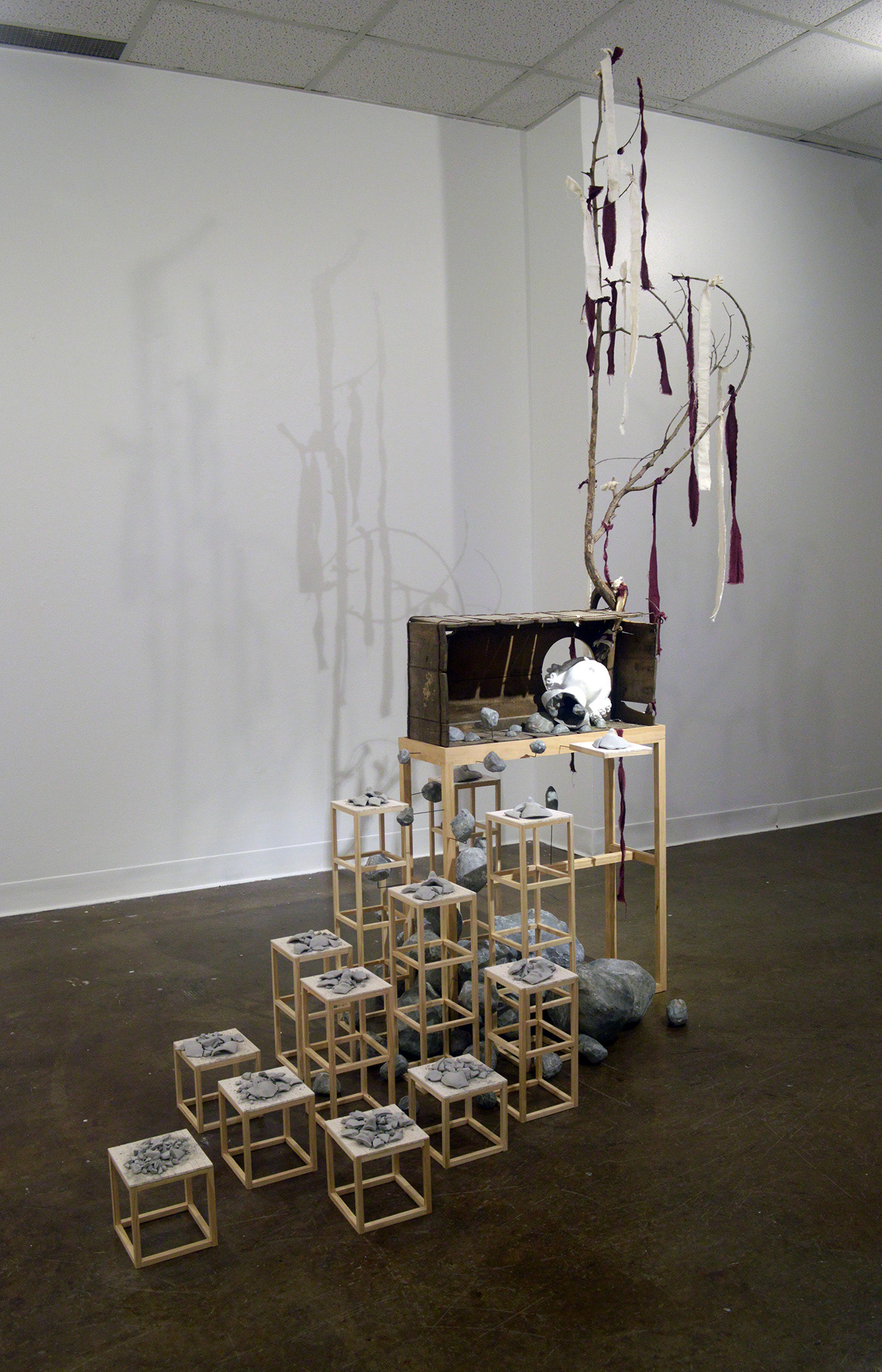 Shrine: Dissolution of the Idol - pine, greenware, EPS, putty, paint, chalk, cloth, 3D print, found objects