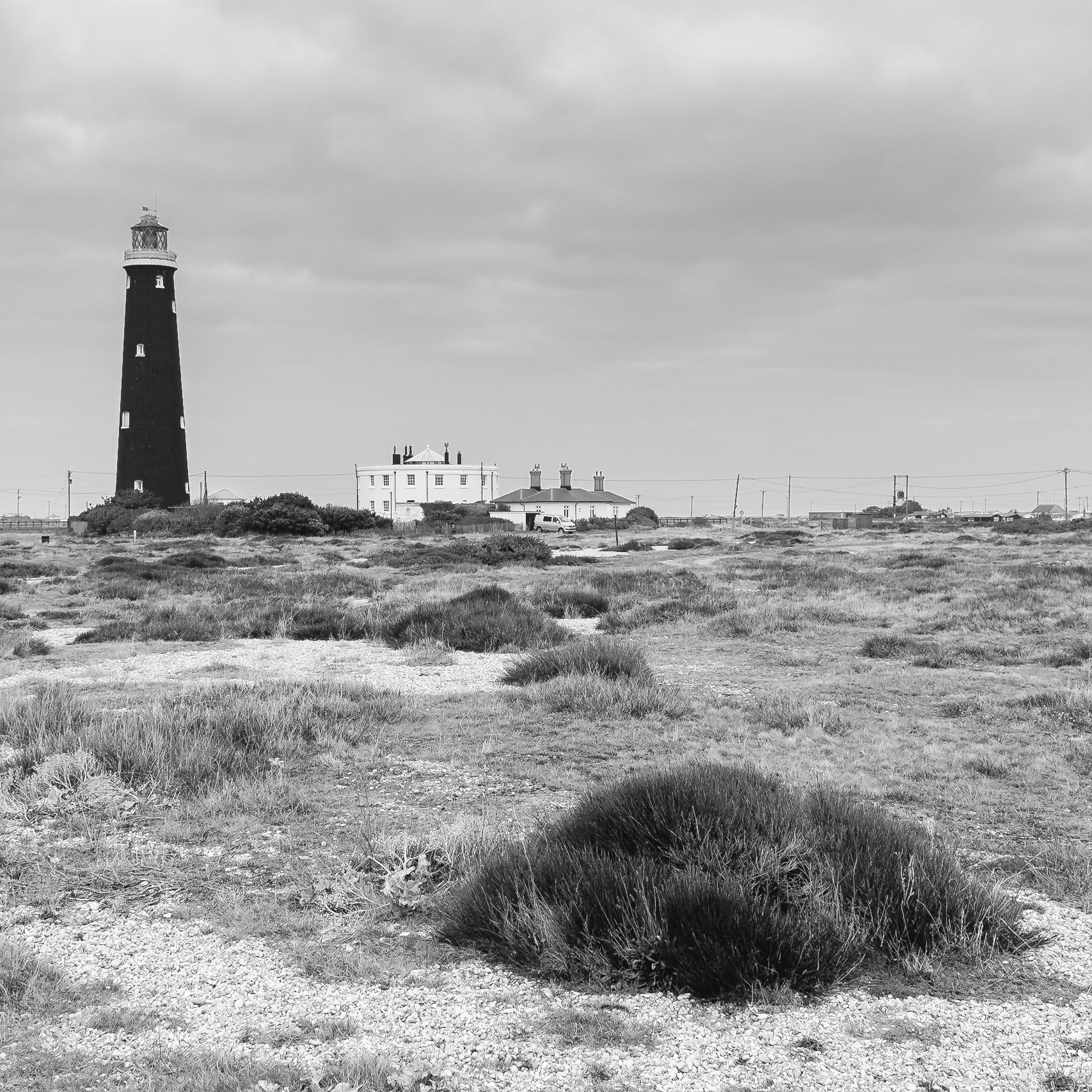 A view of the old lighthouse at Dungeness, Kent.