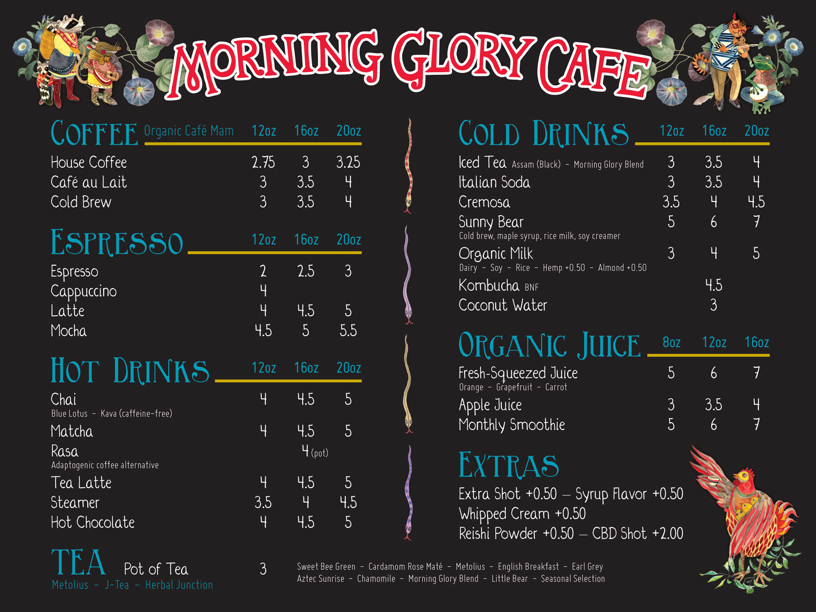 Morning Glory Cafe coffee board menu design for restaurant.