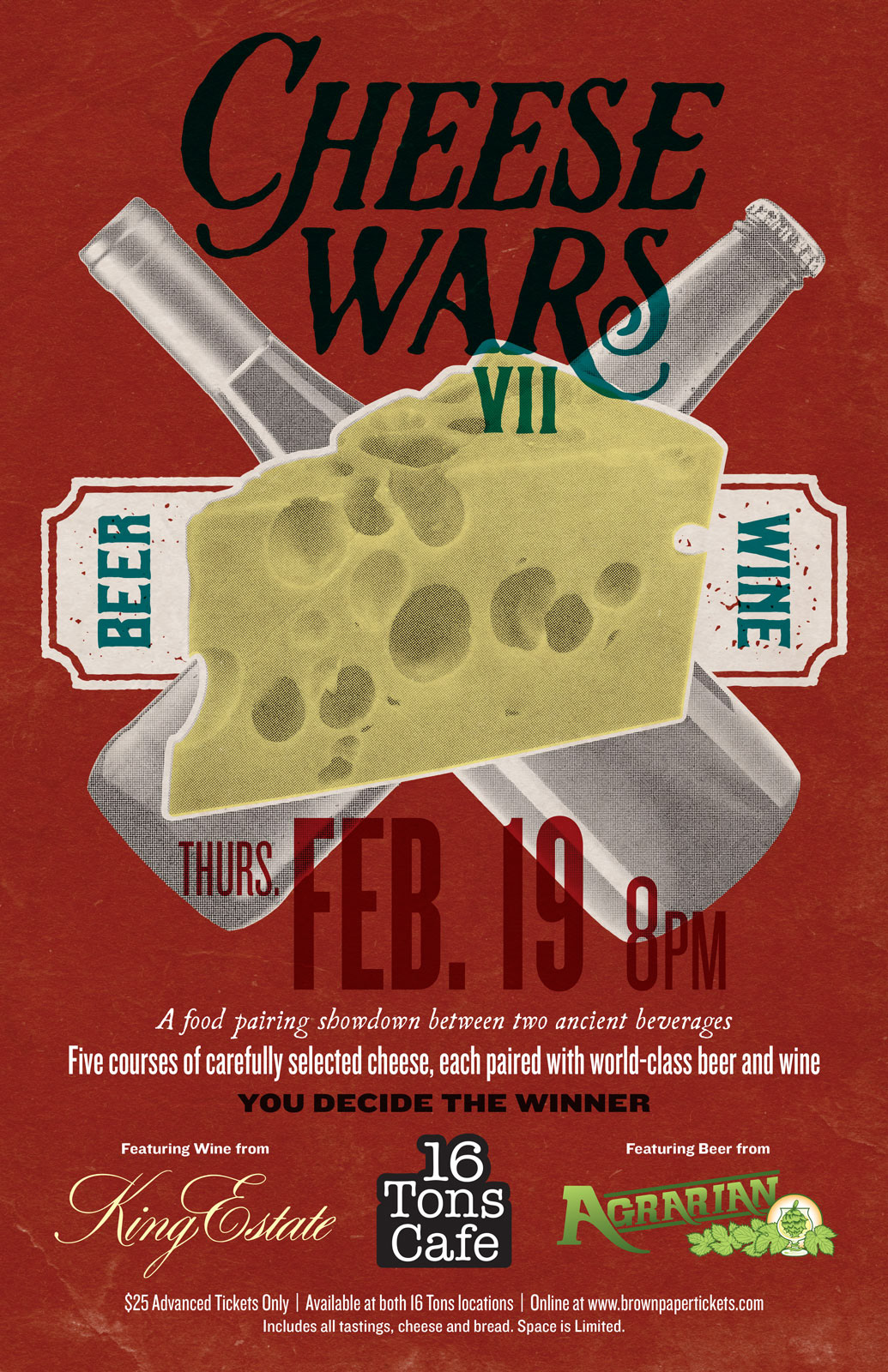 Event poster design for Cheese Wars VII at 16 Tons Cafe in Eugene
