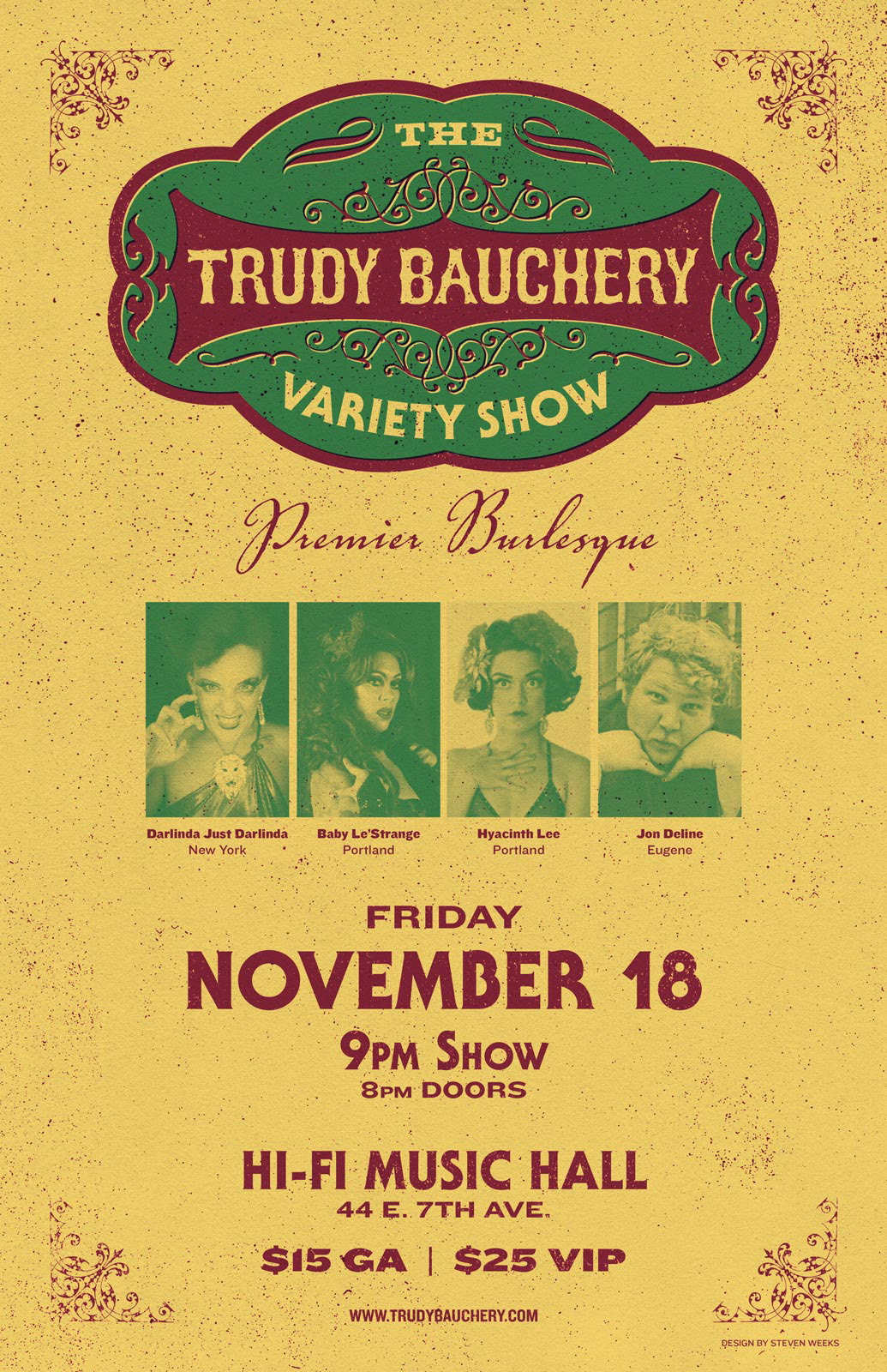 Event poster design for Trudy Bauchery Variety Show at Hi-Fi Music Hall in Eugene