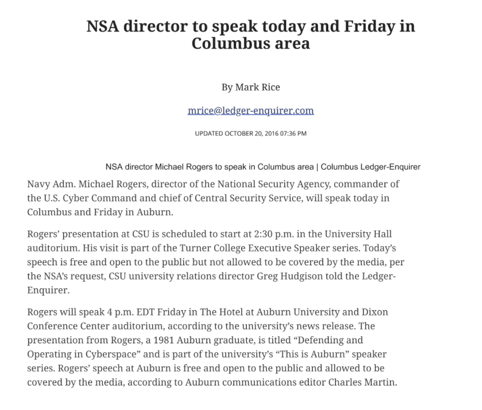 Local paper covers Director of the NSA