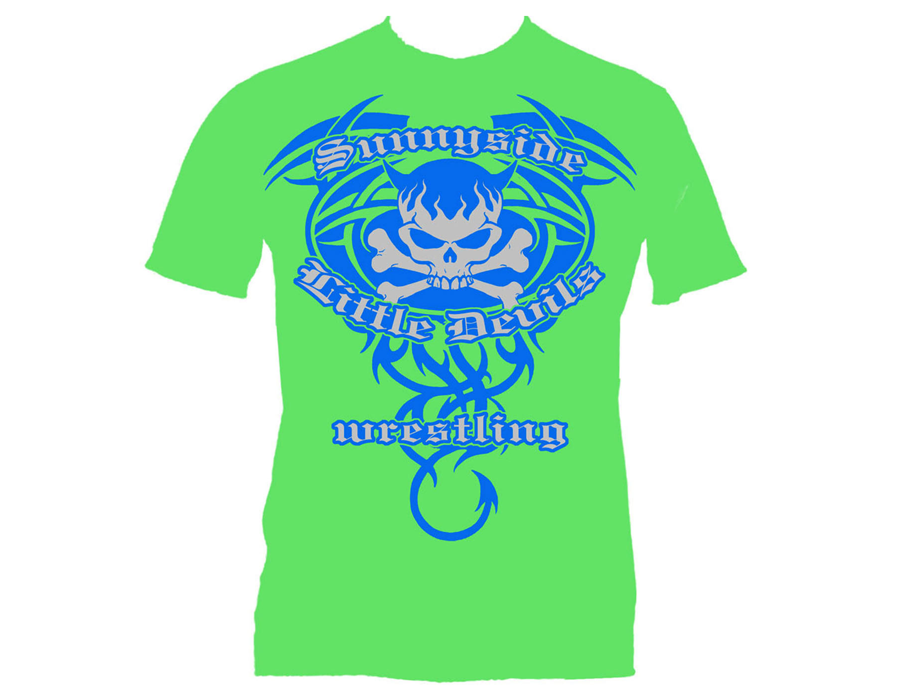 The coach chose lime green so he can spot his wrestlers (ages 5-11) easily at tournaments.